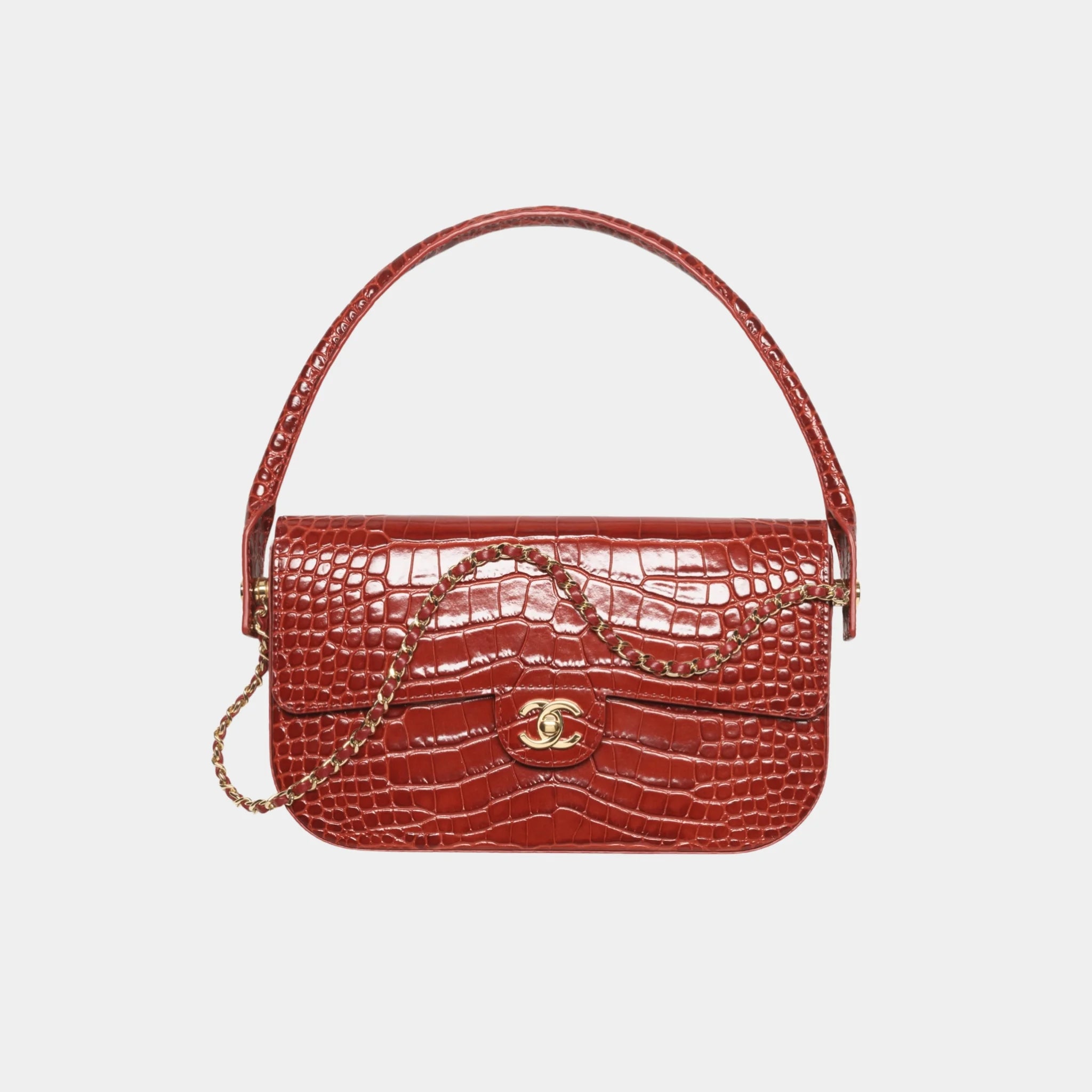 Chanel Clutch in Burgundy Crocodile Embossed Calfskin, Front