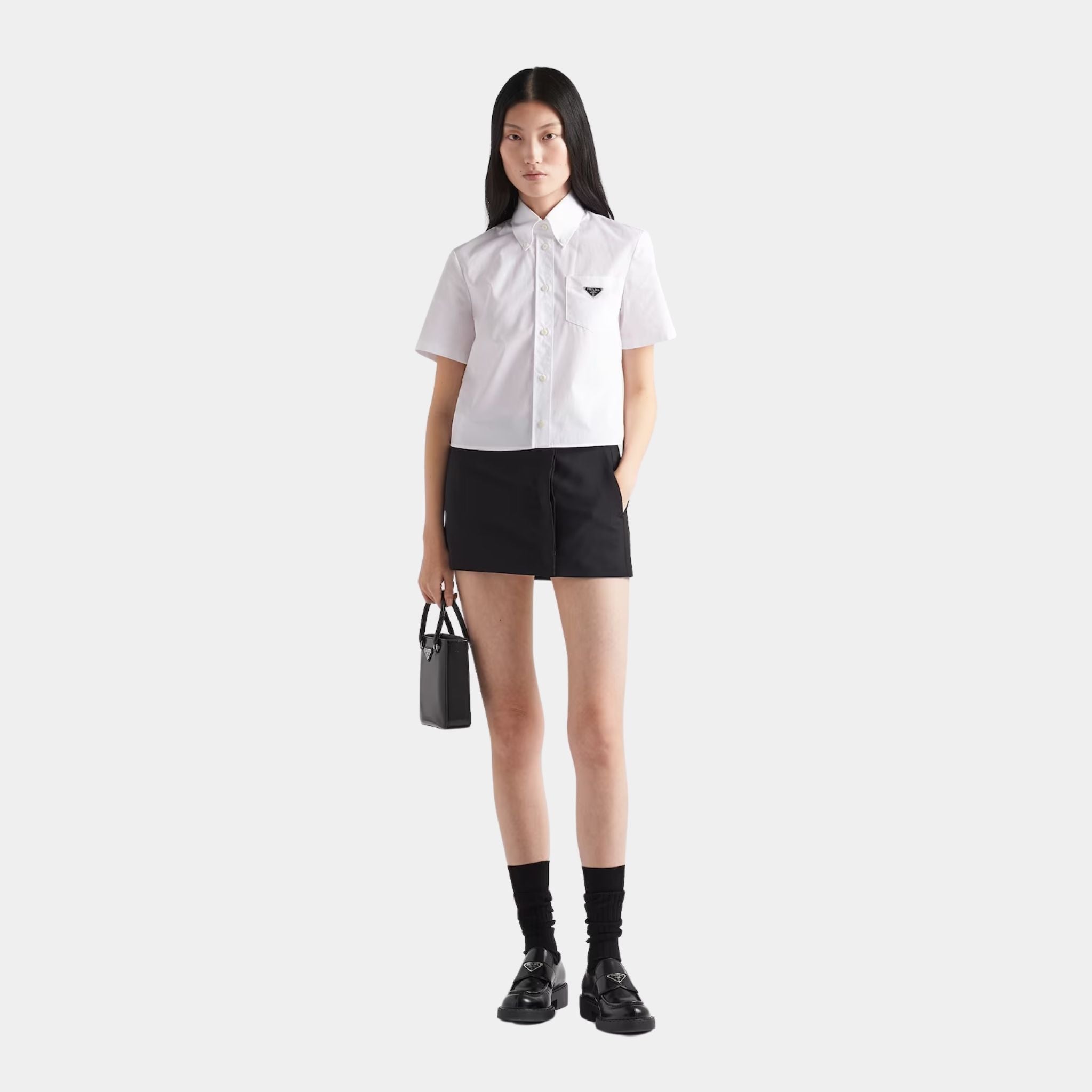 Cotton Cropped Short Sleeves White Poplin Shirt, Model, Front