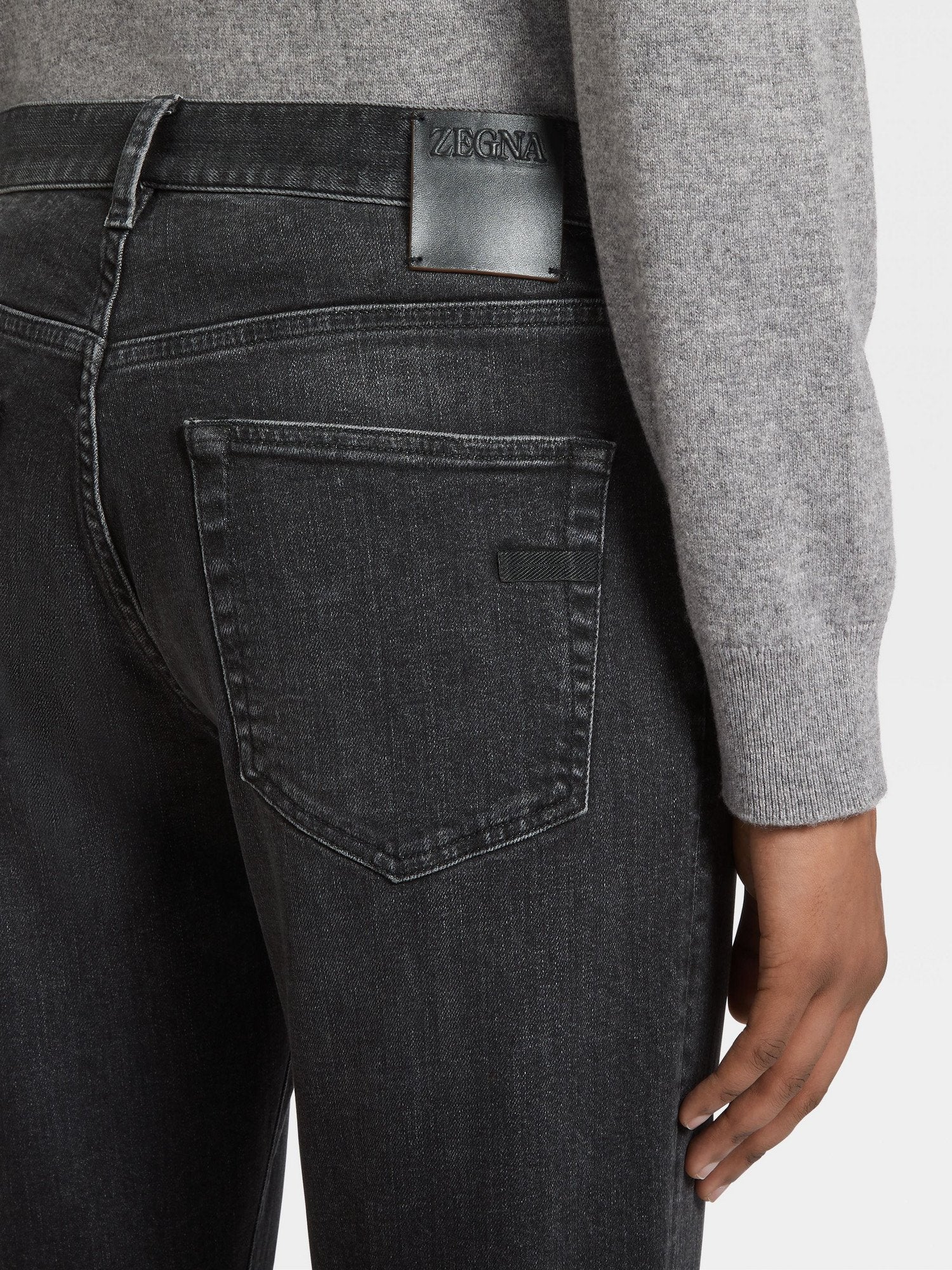 DARK GREY STONE-WASHED COTTON ROCCIA JEANS