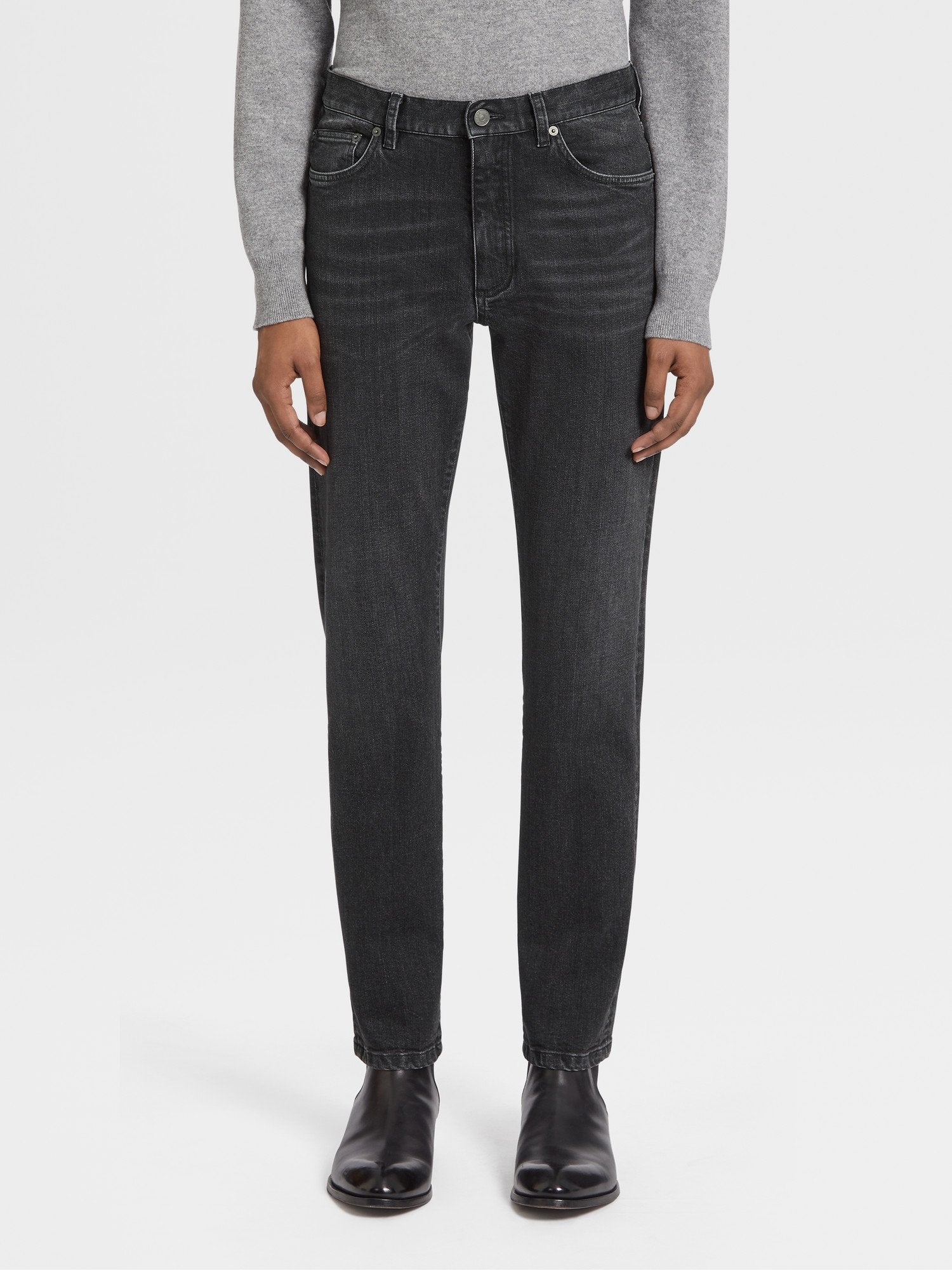 DARK GREY STONE-WASHED COTTON ROCCIA JEANS