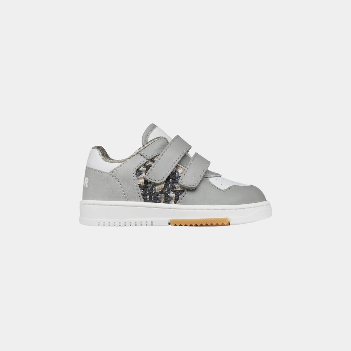 Baby B27 Low-Top Sneaker Gray and White Smooth Calfskin with Beige and Black Dior Oblique Jacquard