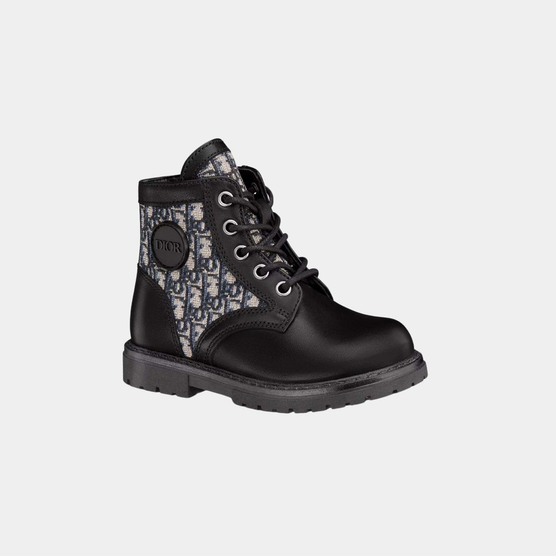 Dior Baby Explorer بوت حتى الكاحل، جلد عجل أسود، ديور أوبليك بالبيج والأسود، من الأمام