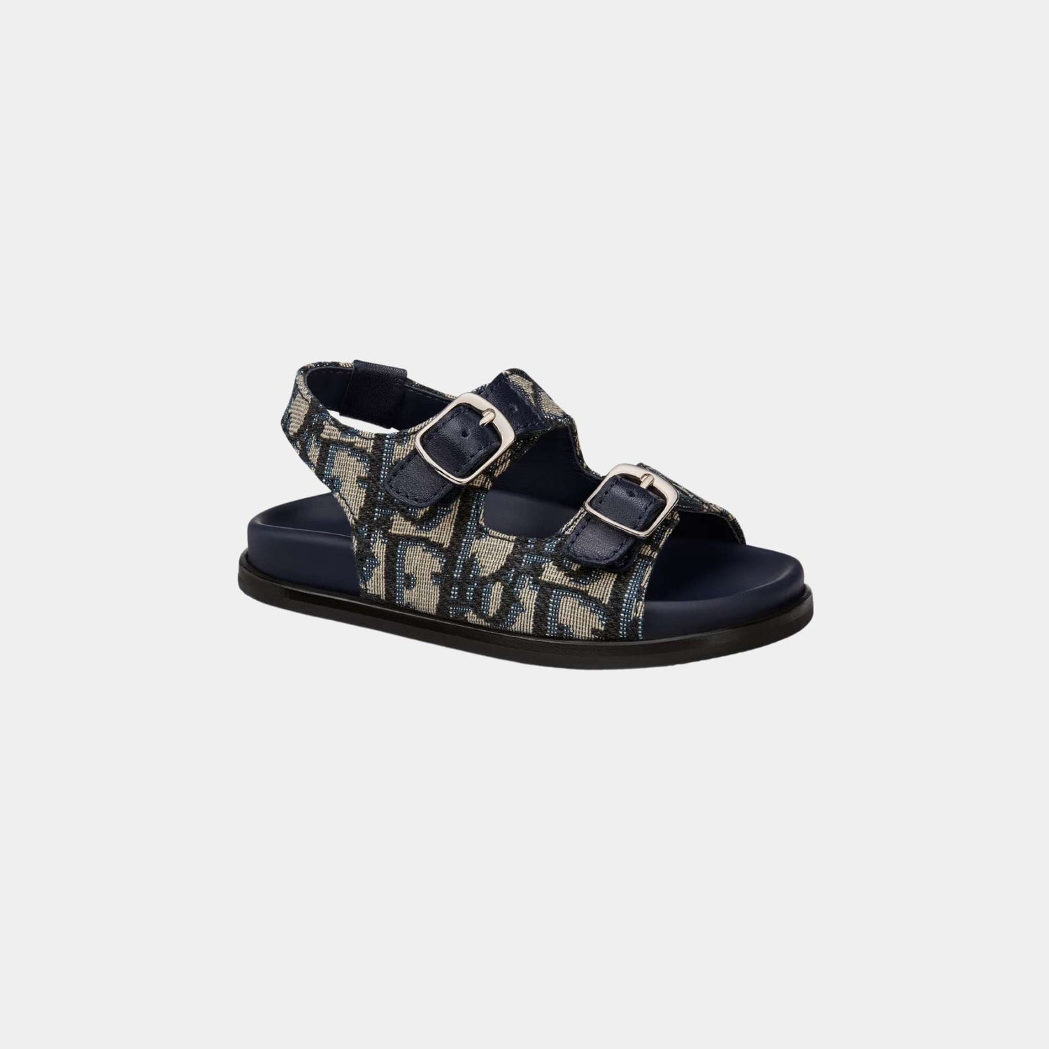 Dior Baby Sandal Blue Calfskin and Black and Beige Dior Oblique Fabric, Front