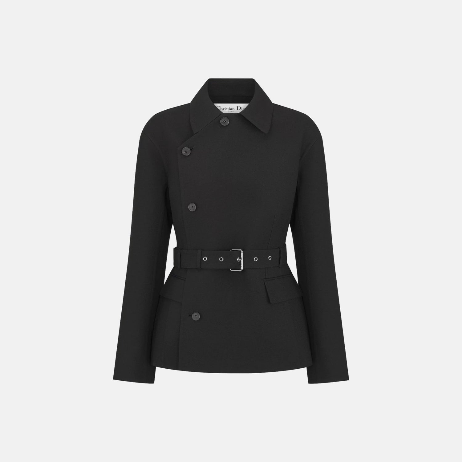 Dior Belted Jacket In Virgin Wool And Silk Gabardine, Black, Front