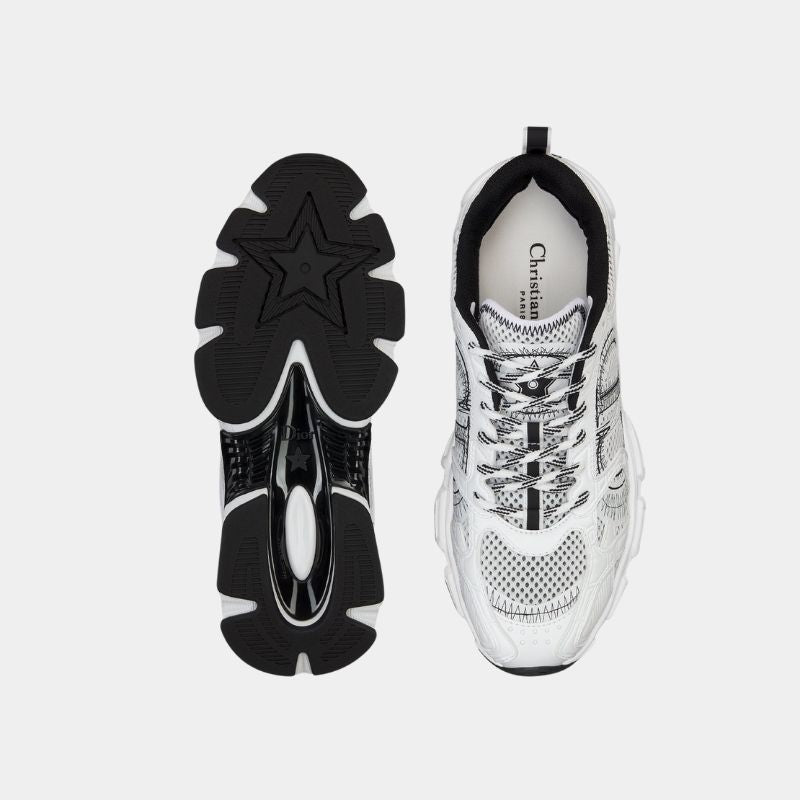 Dior Chrono Sneaker Mesh With White And Black Leather Effect Panels, White, FrontBackView