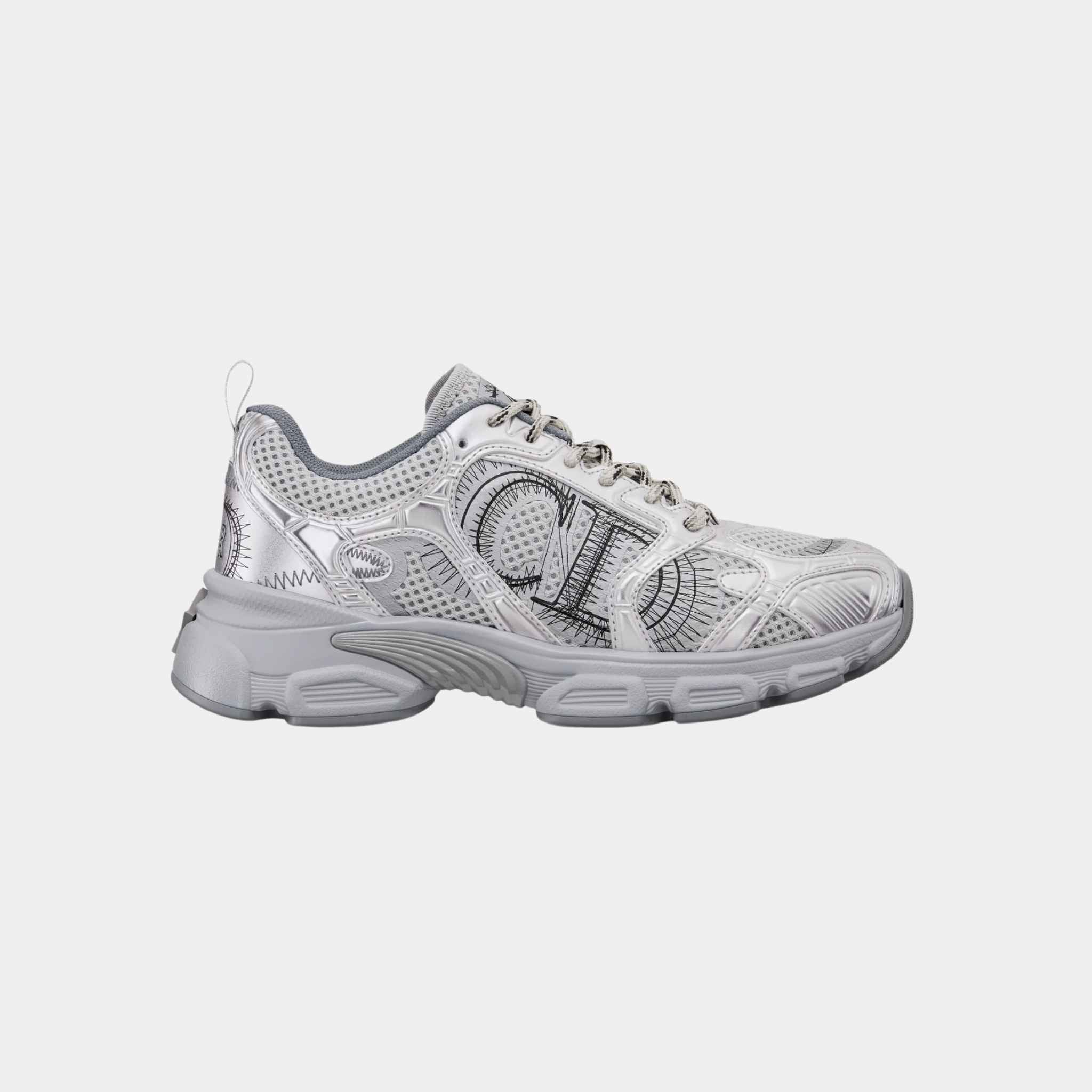 Dior Chrono Sneaker Trainers Gray Mesh with Silver Tone Leather, Side