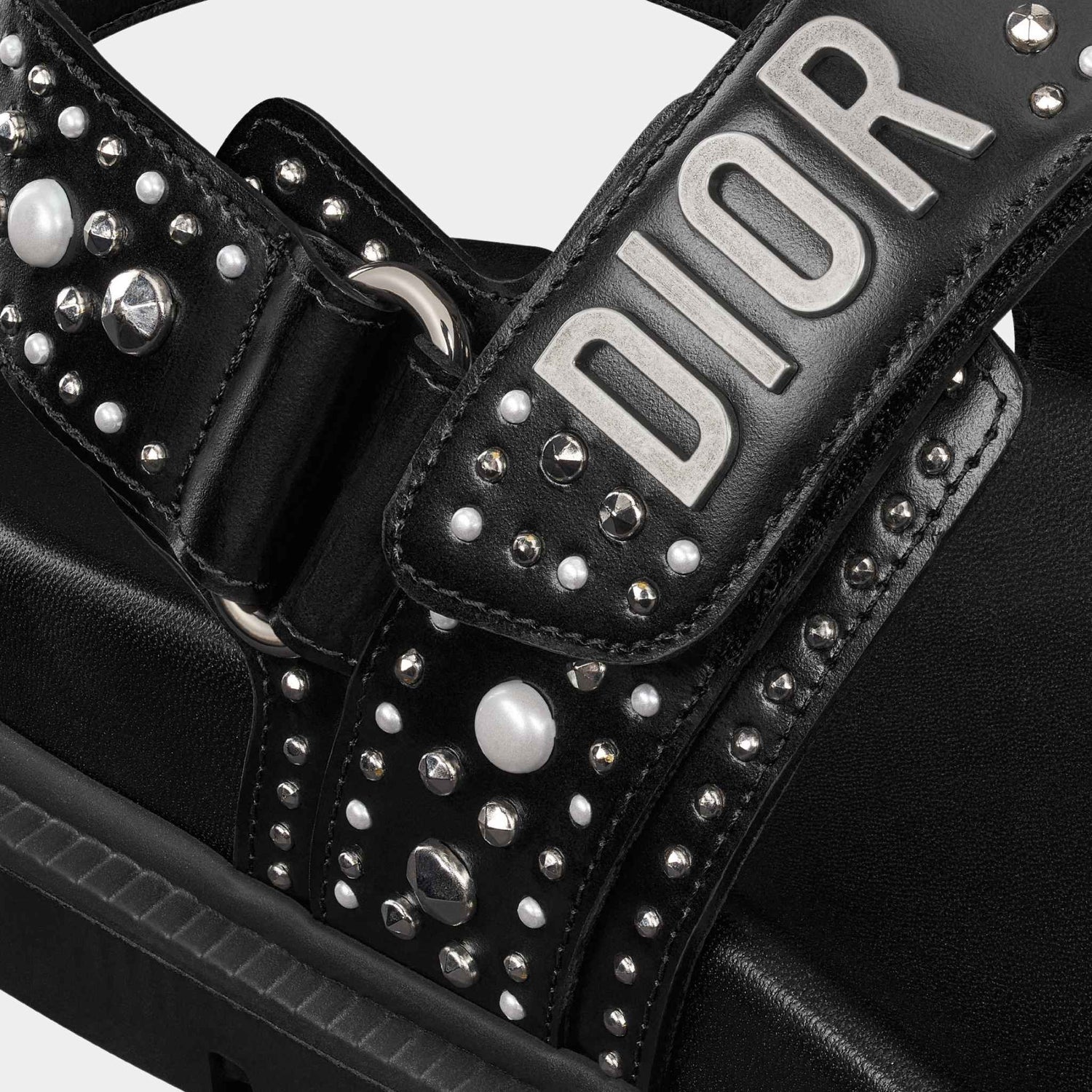 Dior Dioract Sandal Black Calfskin Silver Studs and White Pearls, Closeup