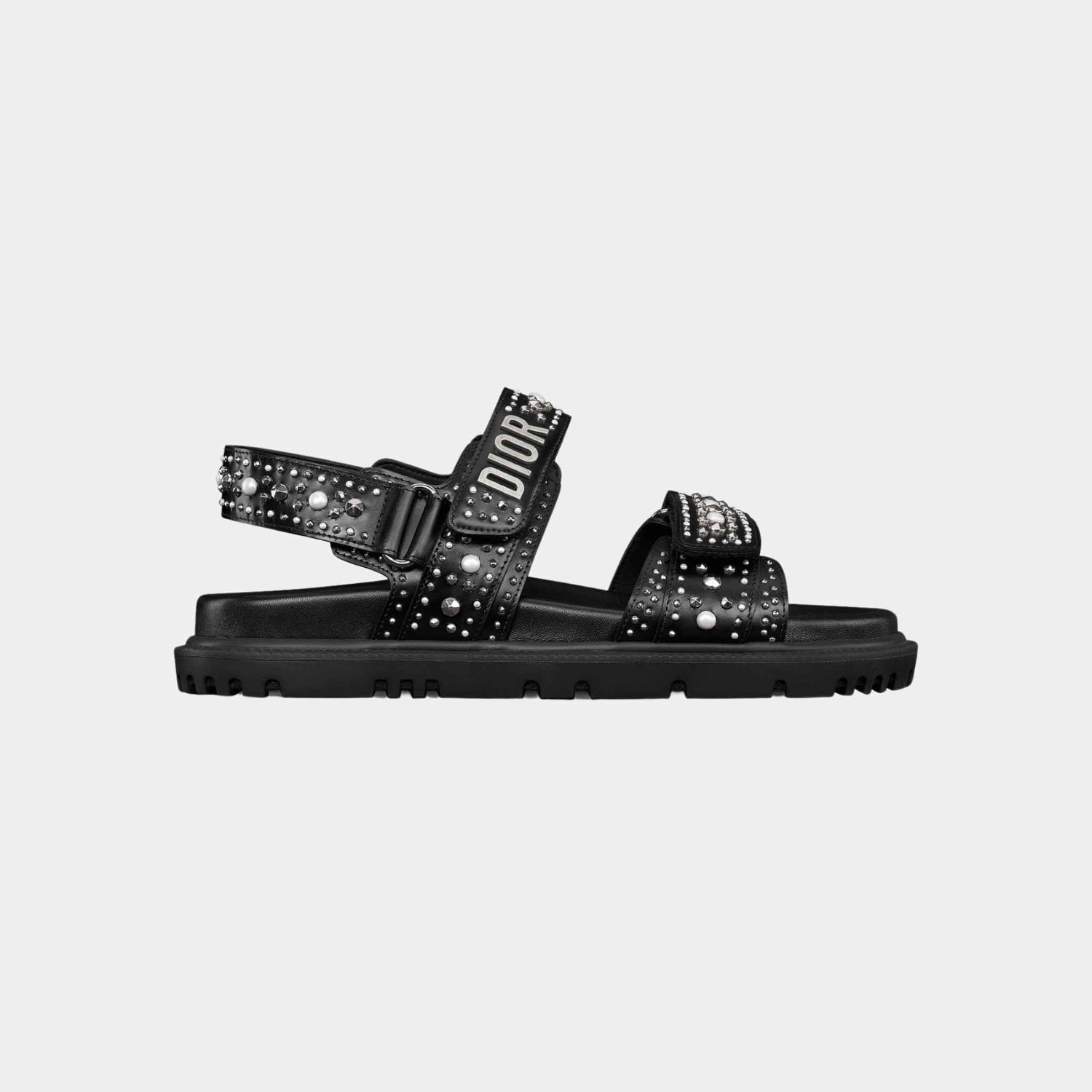 Dior Dioract Sandal Black Calfskin Silver Studs and White Pearls, Side