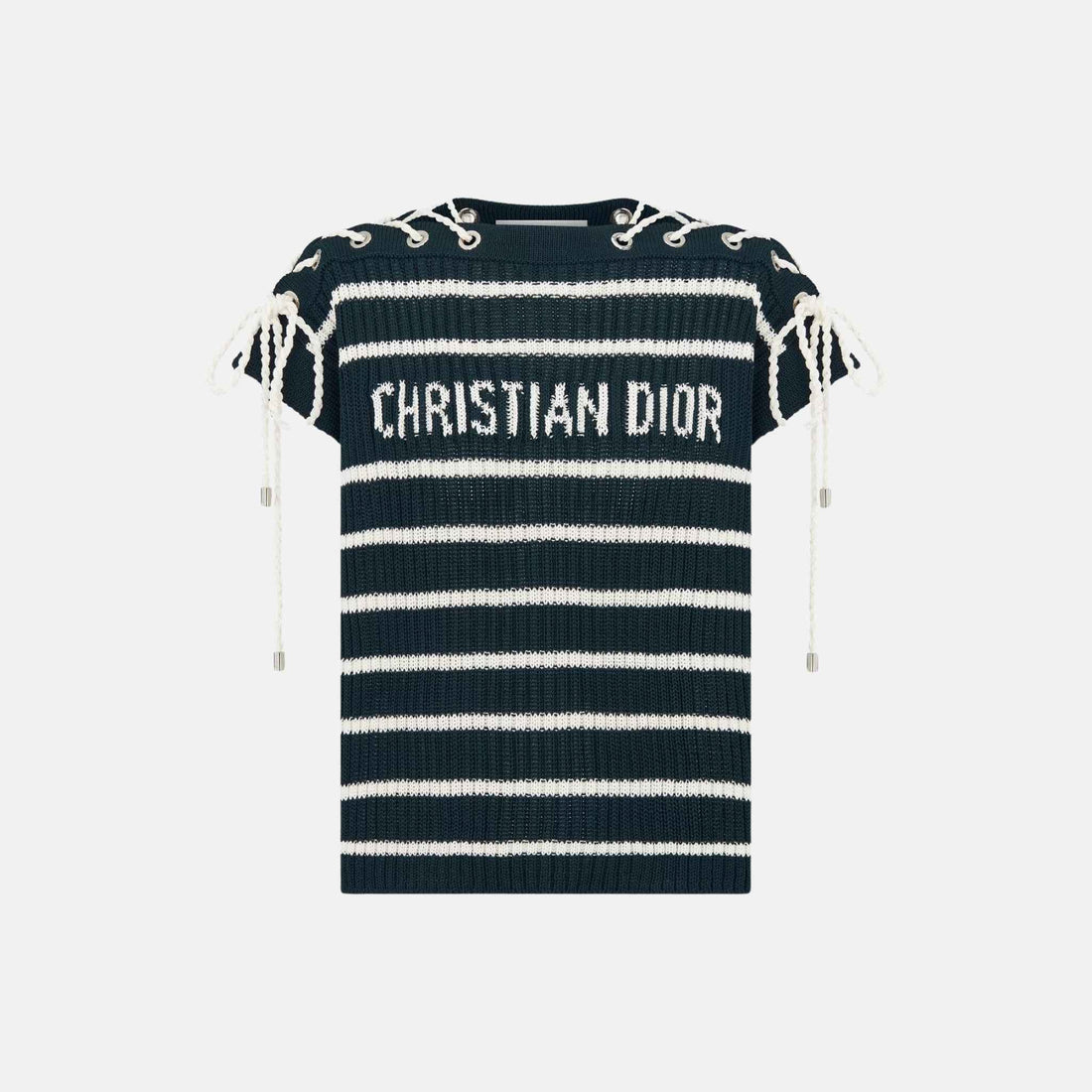 Dior Dioriviera Sweater With Laced Cap Sleeves In D Stripes Cotton Knit, Front