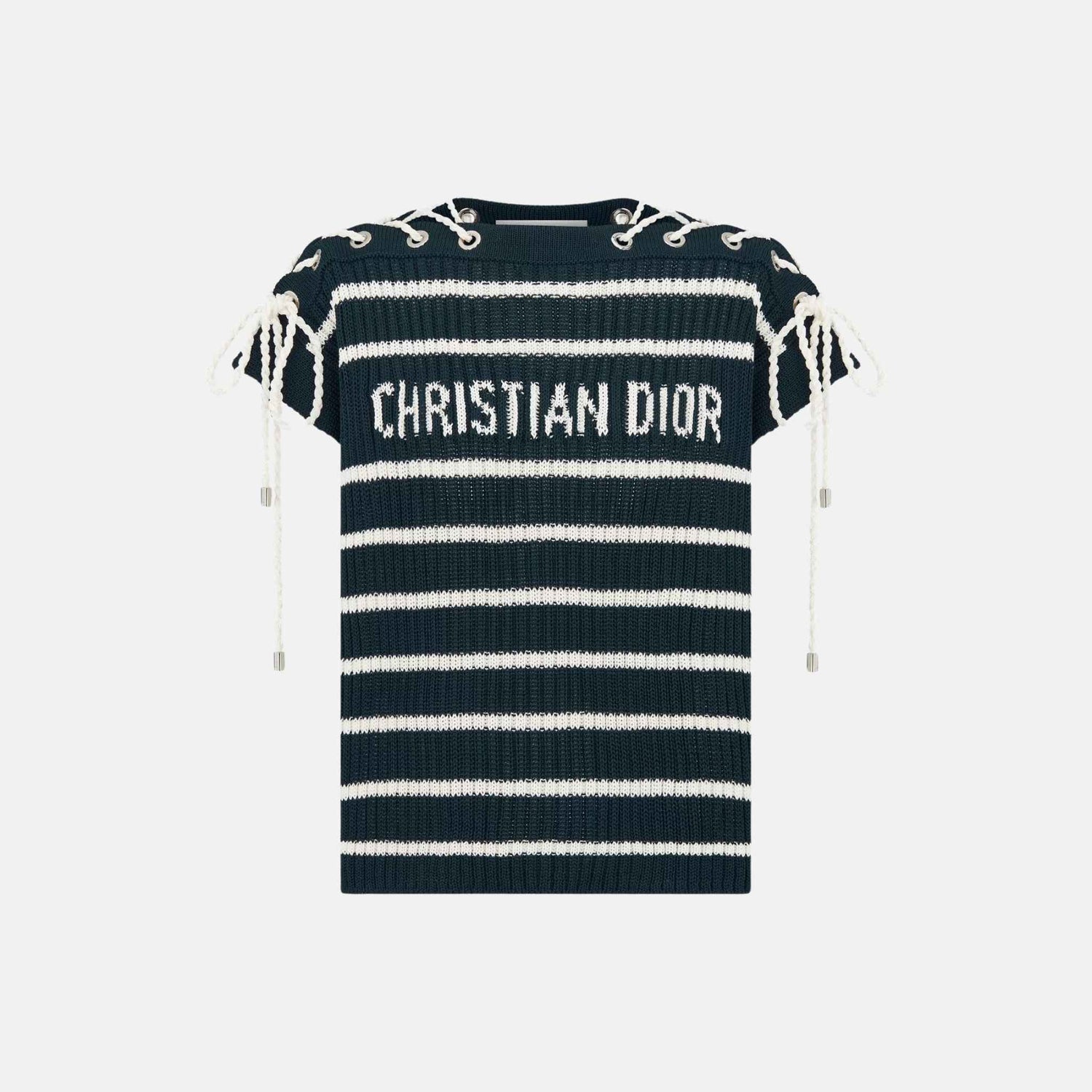 Dior Dioriviera Sweater With Laced Cap Sleeves In D Stripes Cotton Knit, Front