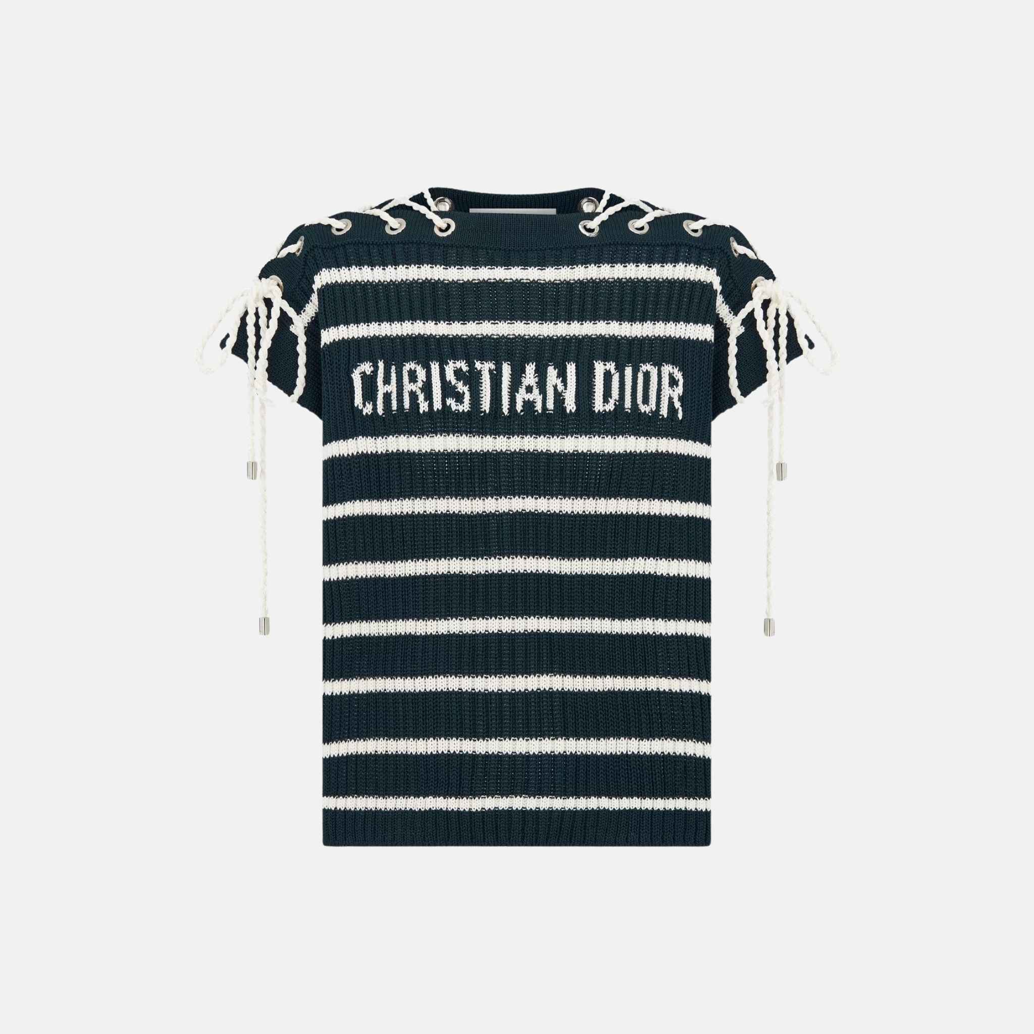 Dior Dioriviera Sweater With Laced Cap Sleeves In D Stripes Cotton Knit, Front