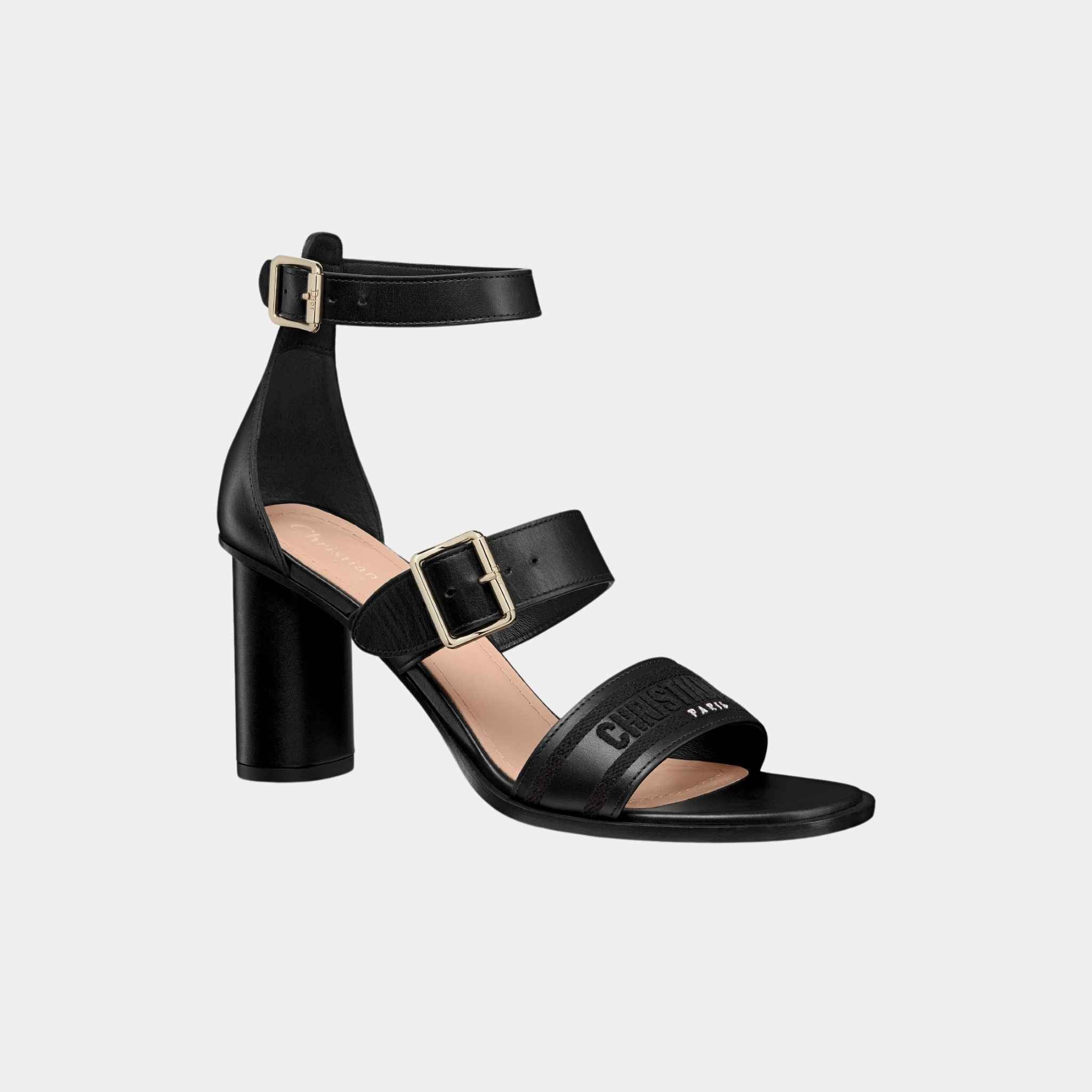 Dior Dway Heeled Sandal Black Calfskin And Cotton, Front