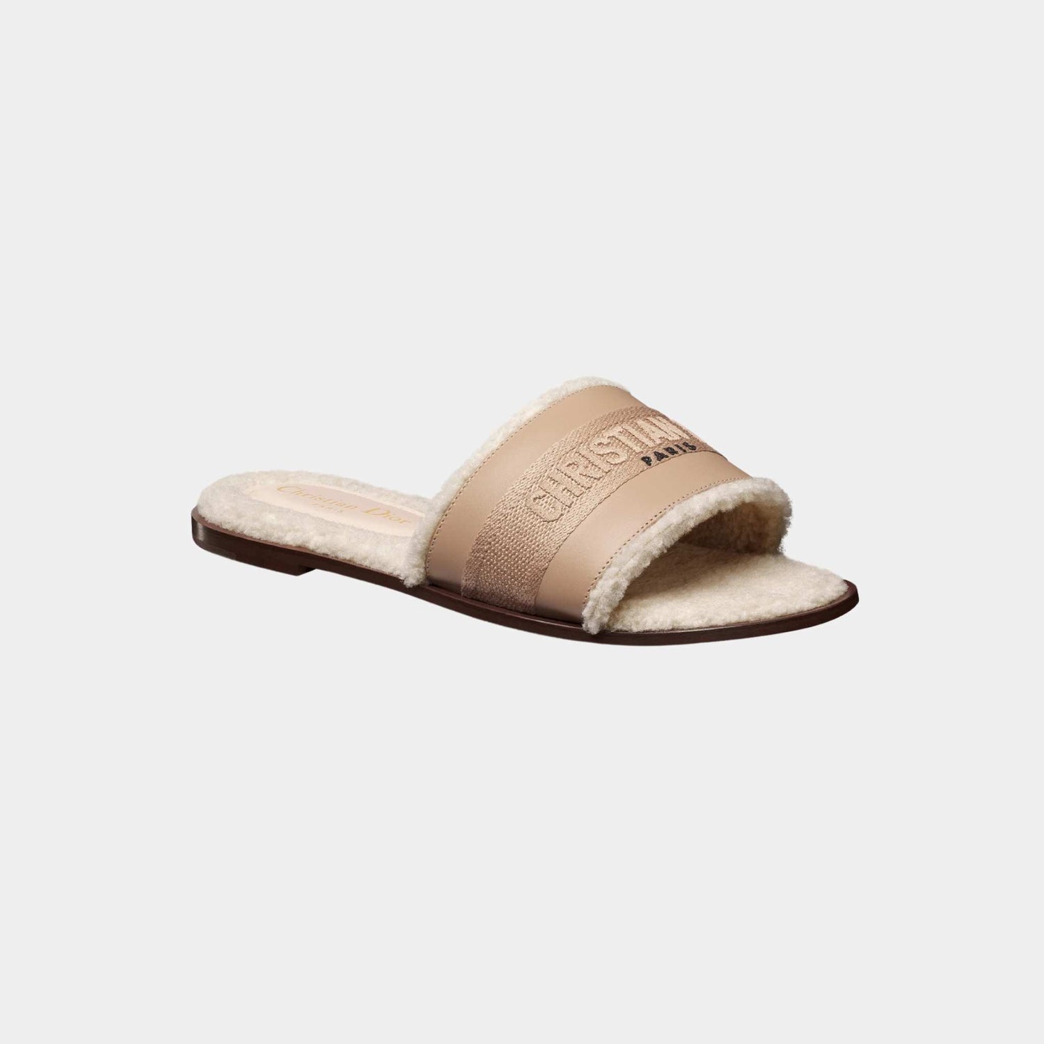 Dior Dway Slide Calfskin And Embroidered Cotton,Beige,front