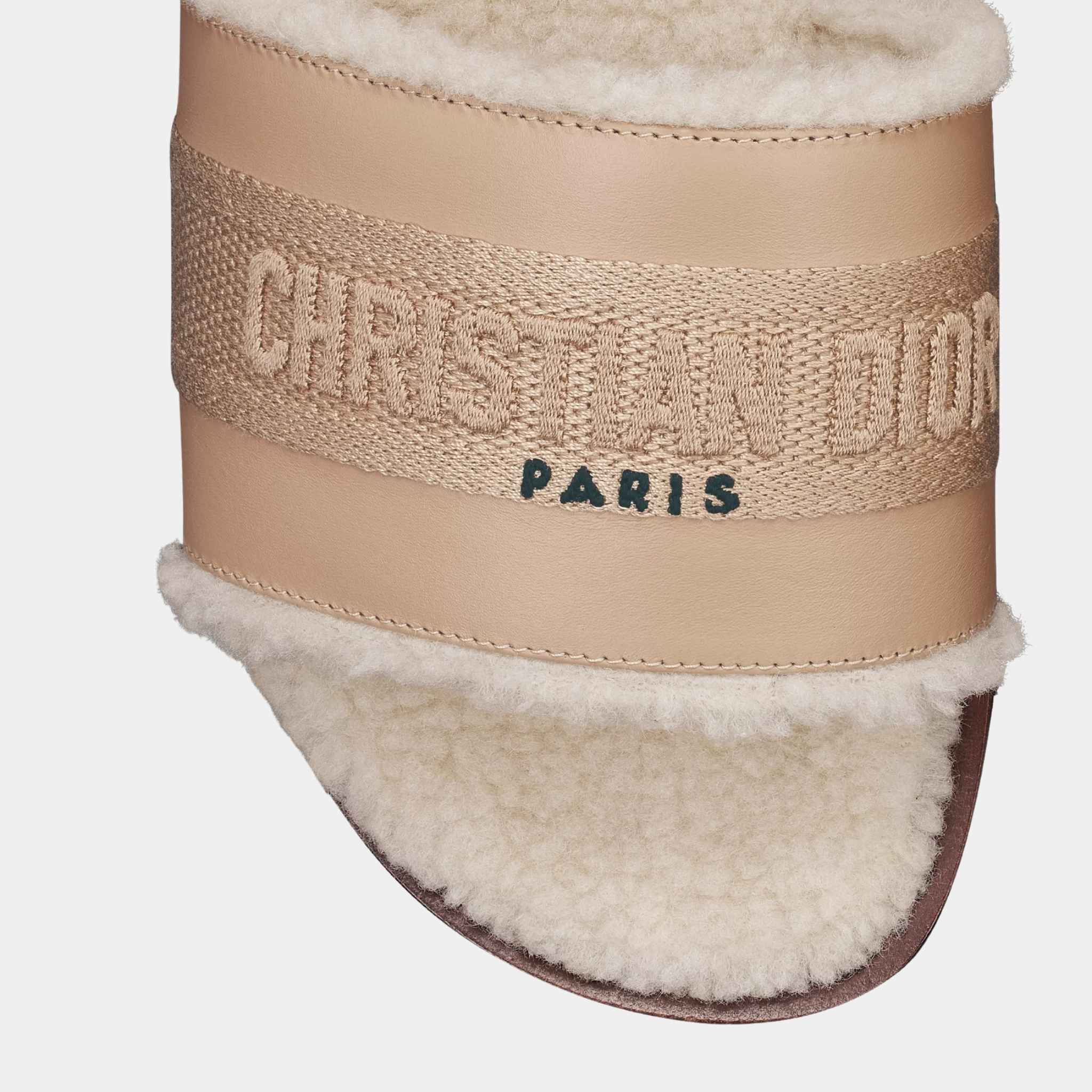 Dior Dway Slide Calfskin And Embroidered Cotton,Beige, Top Closeup