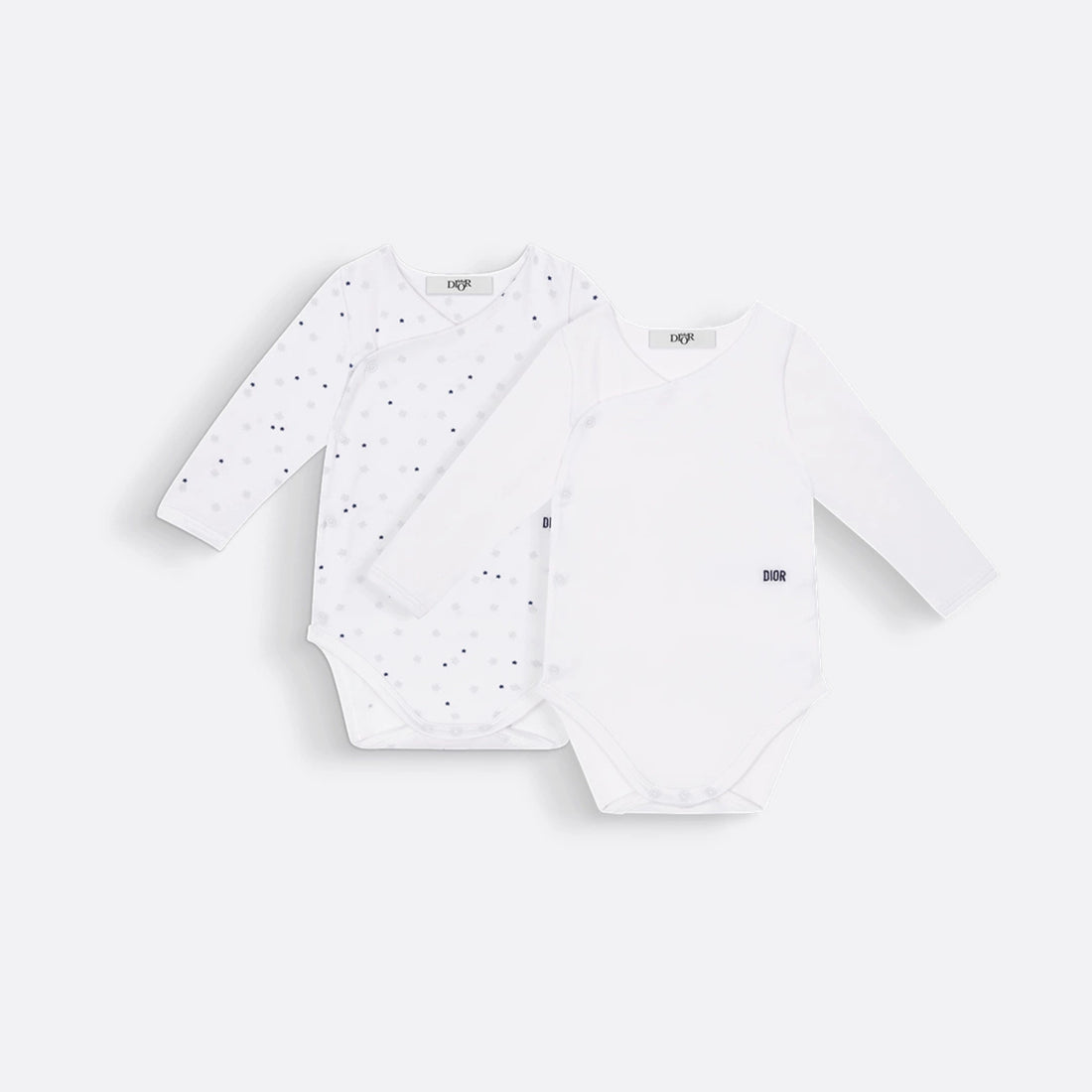 Dior Gift Set with Two Long-Sleeved Bodysuits Ivory Cotton Jersey with Pale Green and Blue Clover and Star Motif, Set