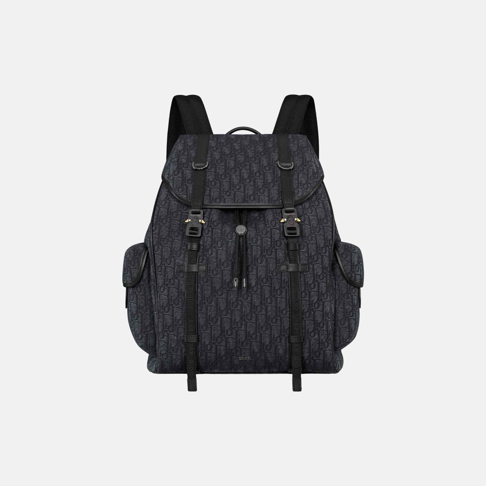 Dior Hit The Road Backpack With Flap In Oblique Jacquard And Calfskin, Black, Front
