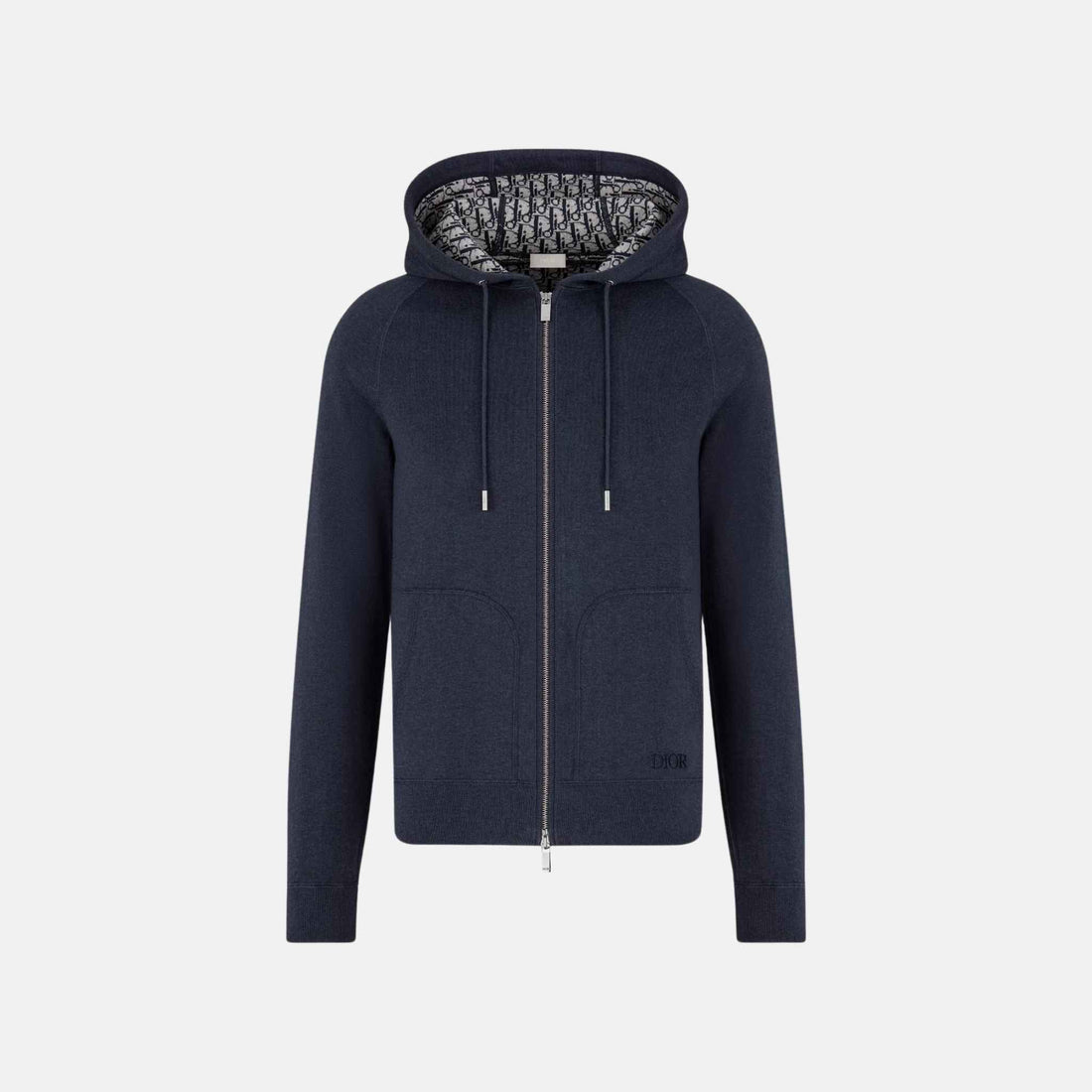 Dior Hooded Track Jacket In Cotton And Cashmere Knit, Navy Blue, Front