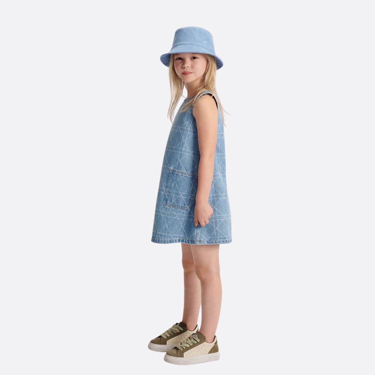 Dior Kids A-Line Dress Blue Cannage Cotton Denim, Model, Side