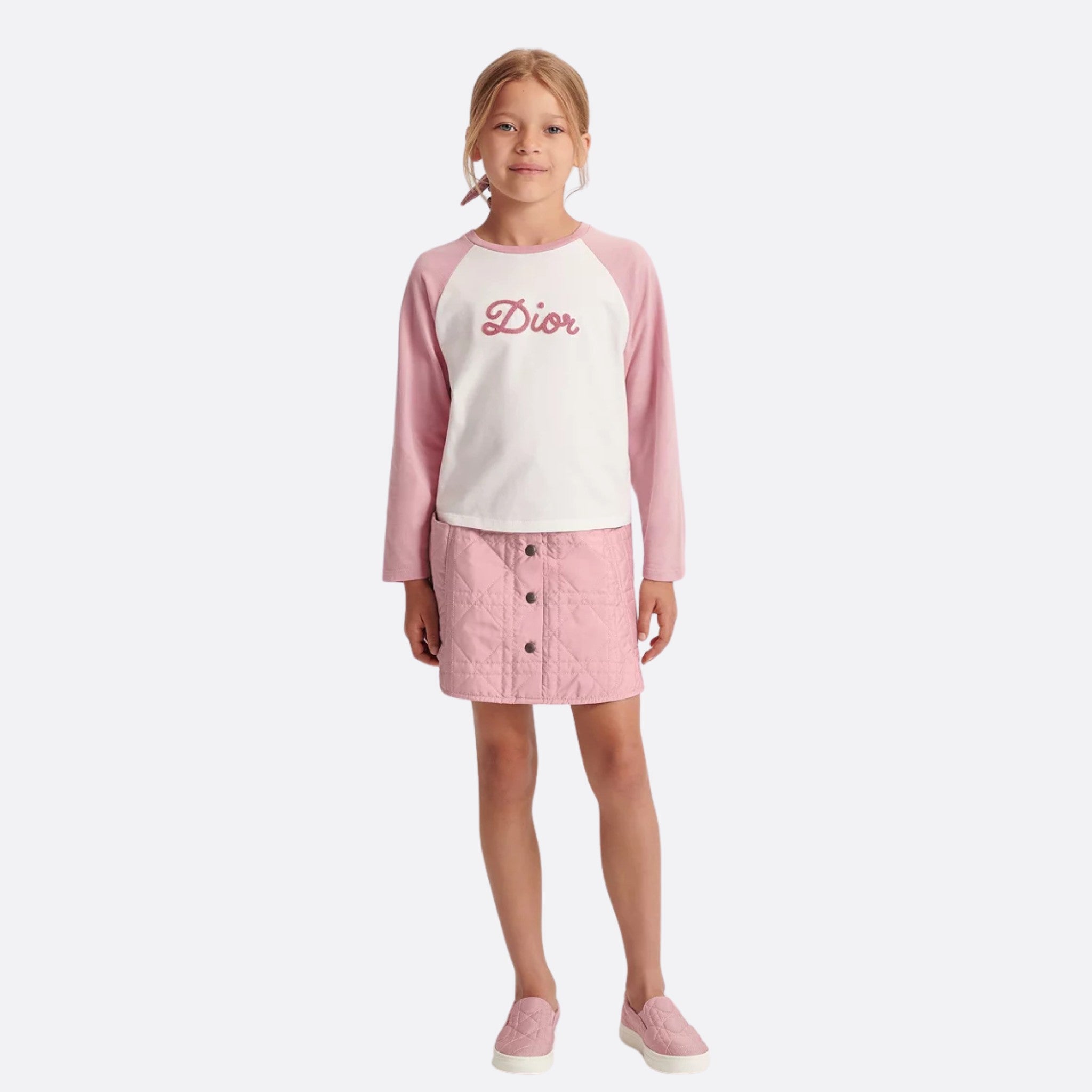 Dior Kids A-Line Skirt Antique Pink Cannage Quilted Technical Fabric, Model, Front View