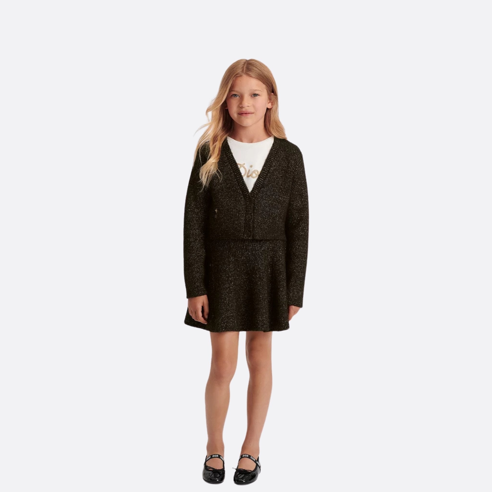 Dior Kids A Line Skirt Black And Gold Tone Wool Blend Knit, Model, Front View