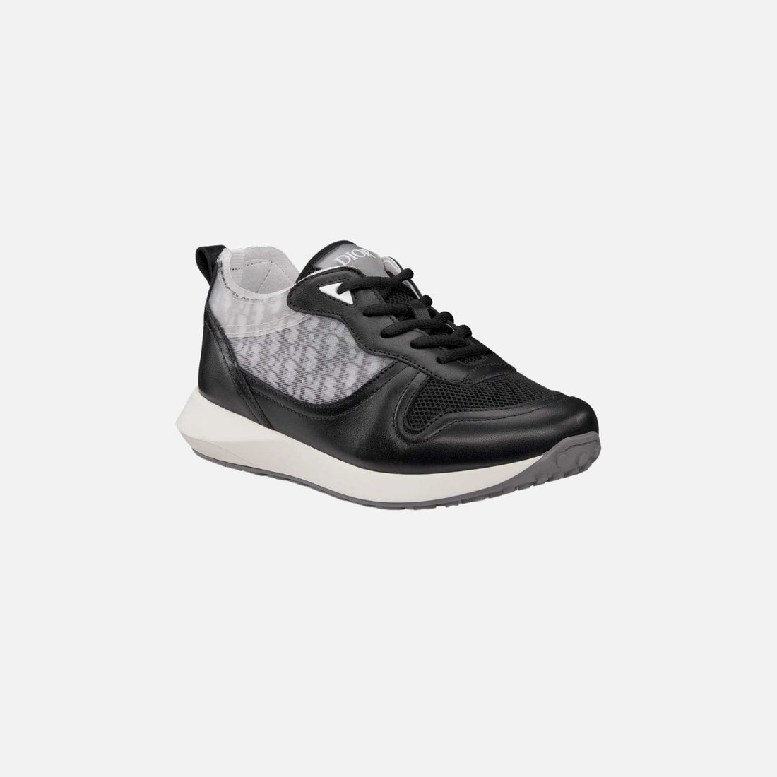 Dior Kids B25 Runner Sneaker أسود وأبيض من جلد عجل أملس بنقشة Dior Oblique Jacquard، من الأمام