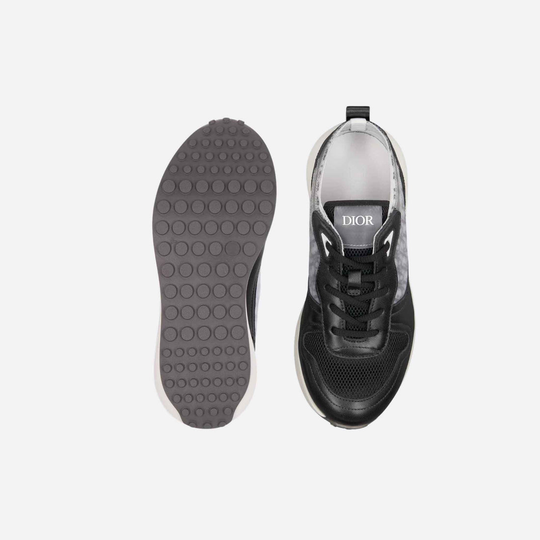 Dior Kids B25 Runner Sneaker بالأسود والأبيض، جلد عجل ناعم بنقشة Dior Oblique Jacquard، أعلى