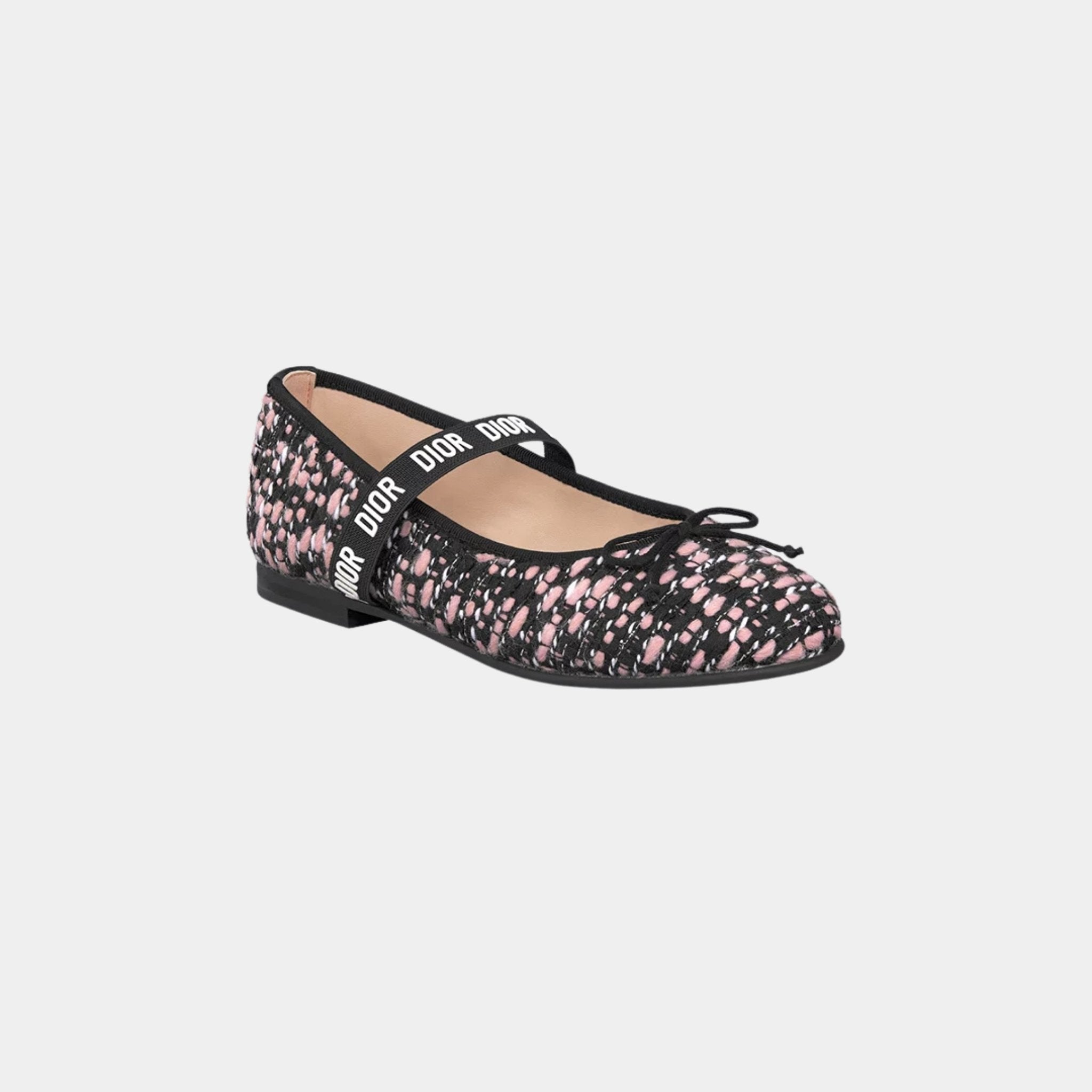 Dior Kids Ballet Flat Black Pink and Silver-Tone Tweed, Front