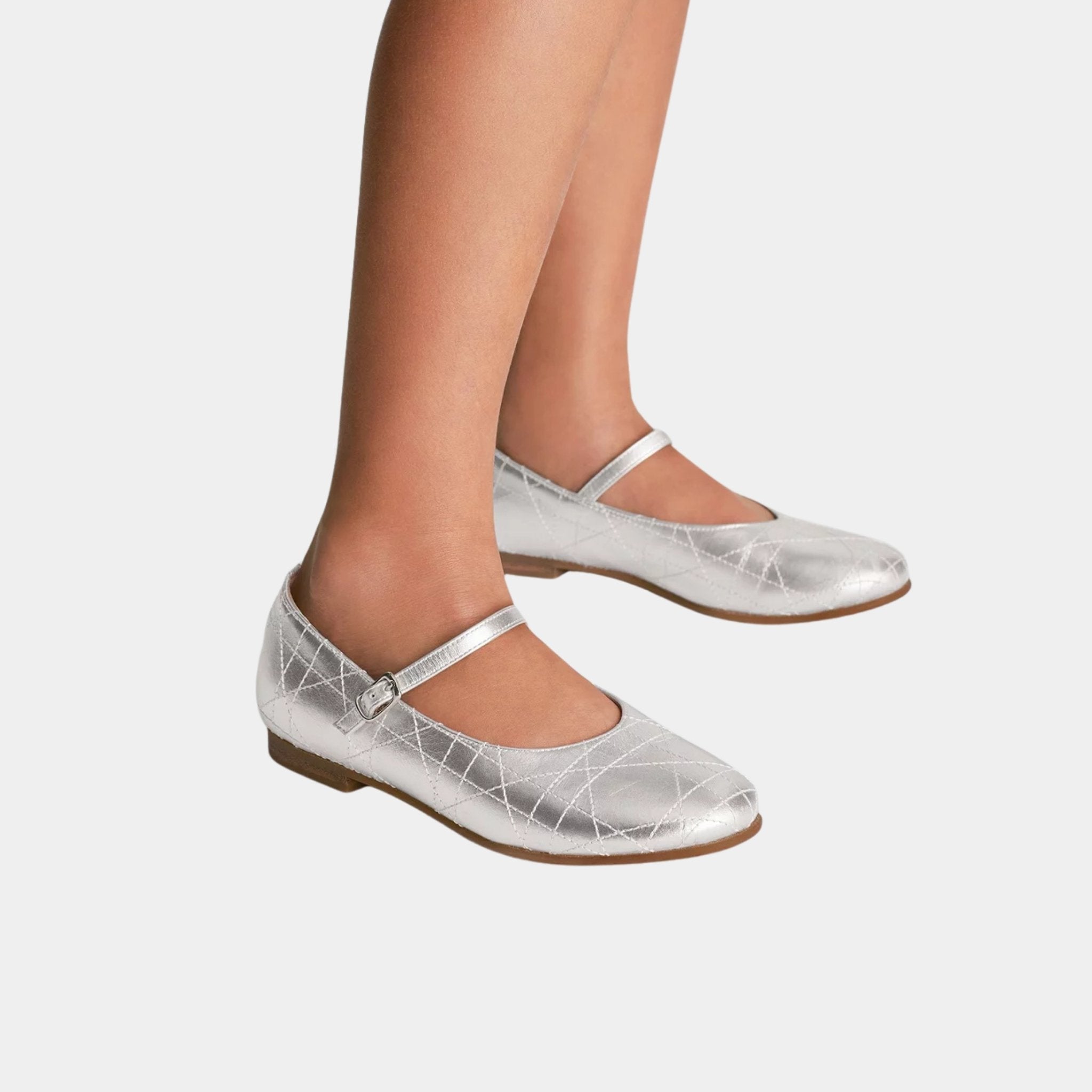 Dior Kids Ballet Flat Cannage Calfskin, Silver, Model