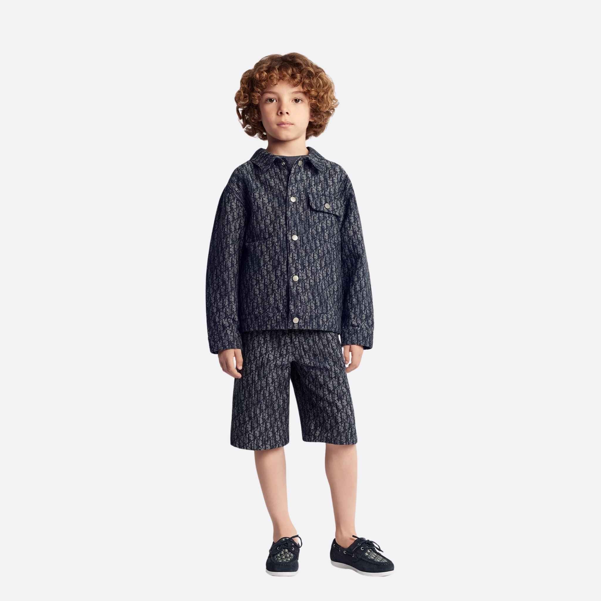 Dior Kids Bermuda Shorts Blue Dior Oblique Cotton Gabardine Jacquard Distressed Effect, Model