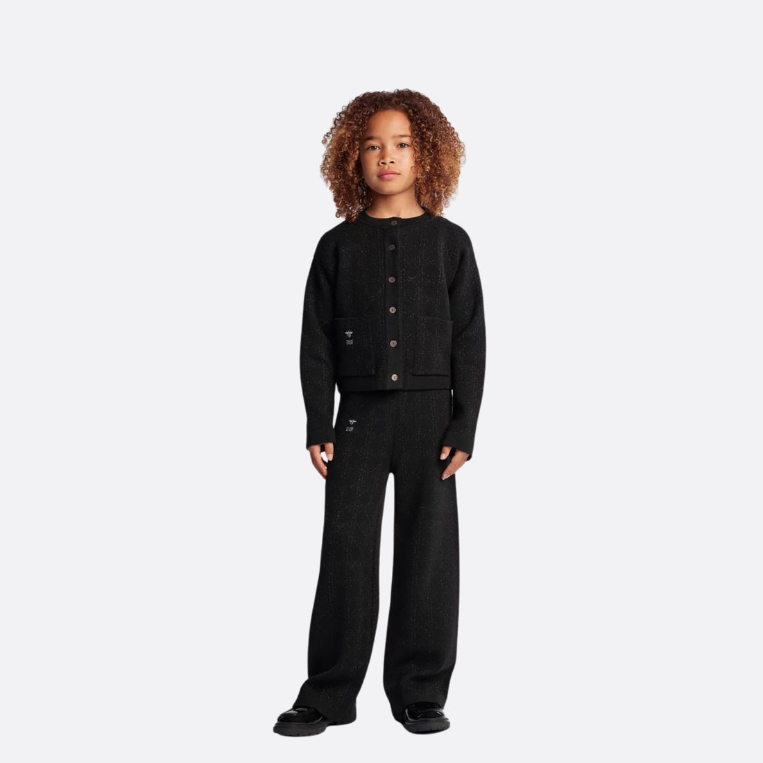 Dior Kids Black Wool Blend Cardigan Jacket with Shiny Cannage Jacquard, Model, Front