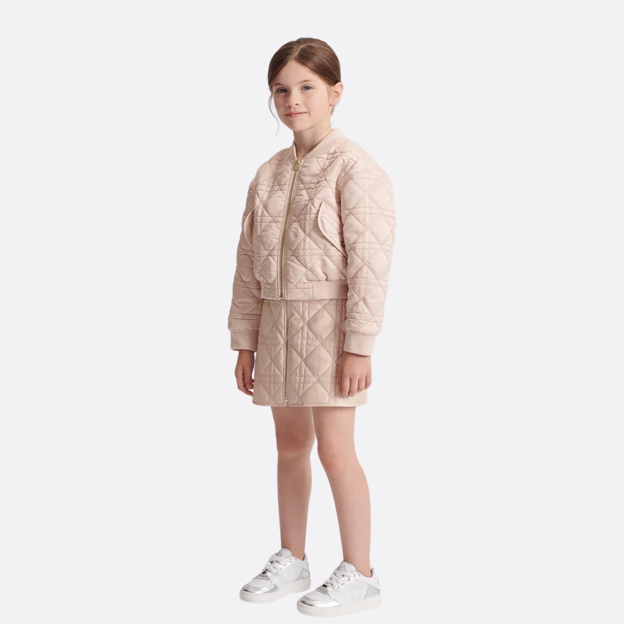 Dior Kids Bomber Jacket Pale Pink Cannage Satin Technical Fabric, Model, Front View