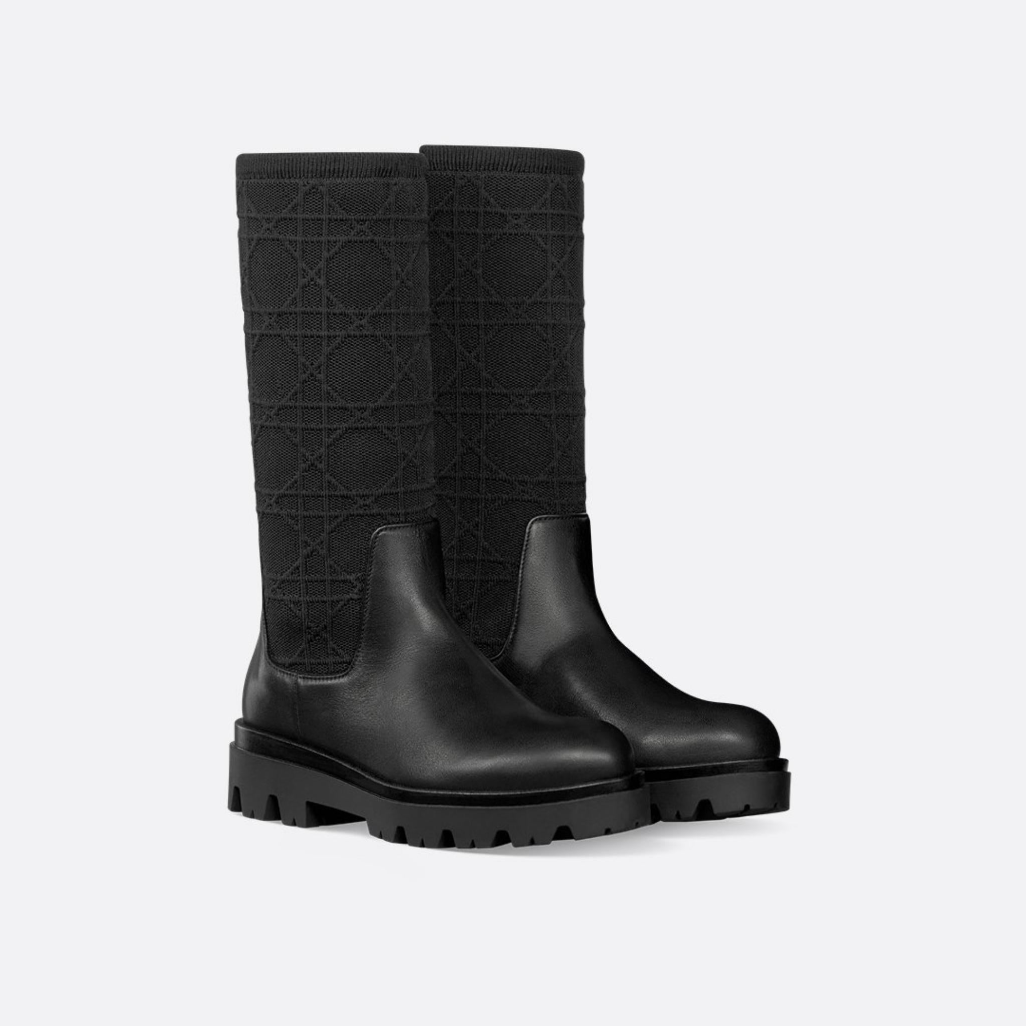 Dior Kids Boot Black Cannage Jacquard Knit and Calfskin, Front