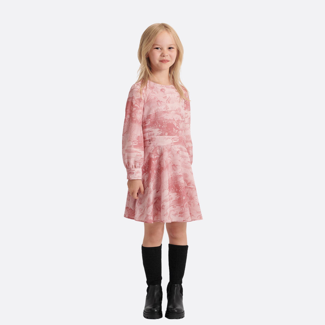 Dior Kids Flared Dress Antique Pink Crepe with Dior Manhattan Motif, Model, Front View