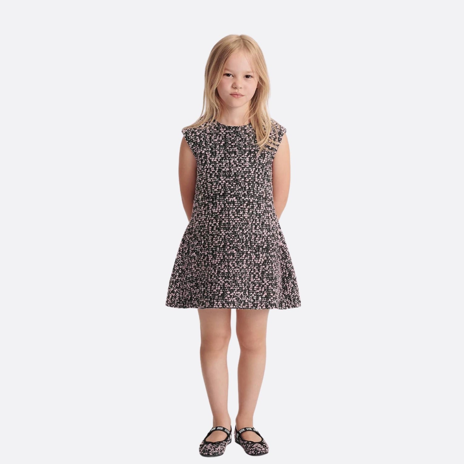 Dior Kids Flared Dress Black Pink And Silver Tone Tweed, Model, Front View