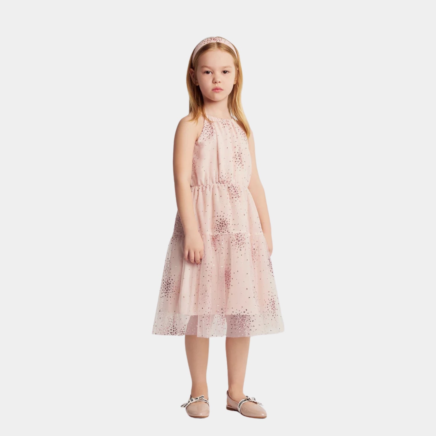 Dior Kids Flared Dress Glitter Tulle, Pale Pink, Model