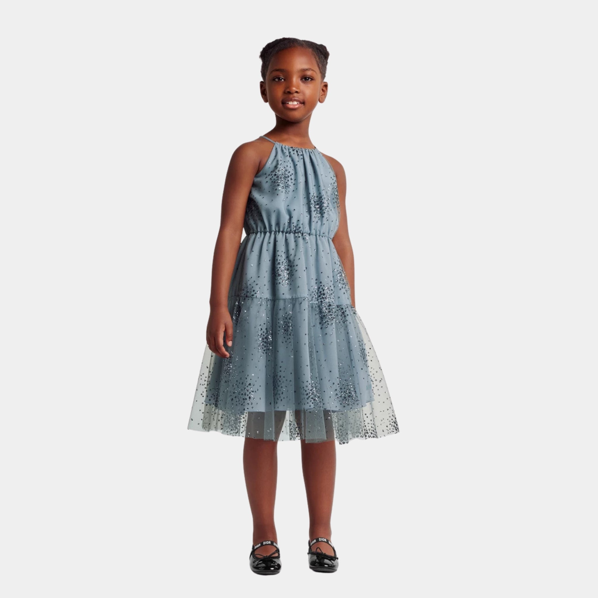 Dior Kids Flared Dress Glitter Tulle, Slate Blue, Model