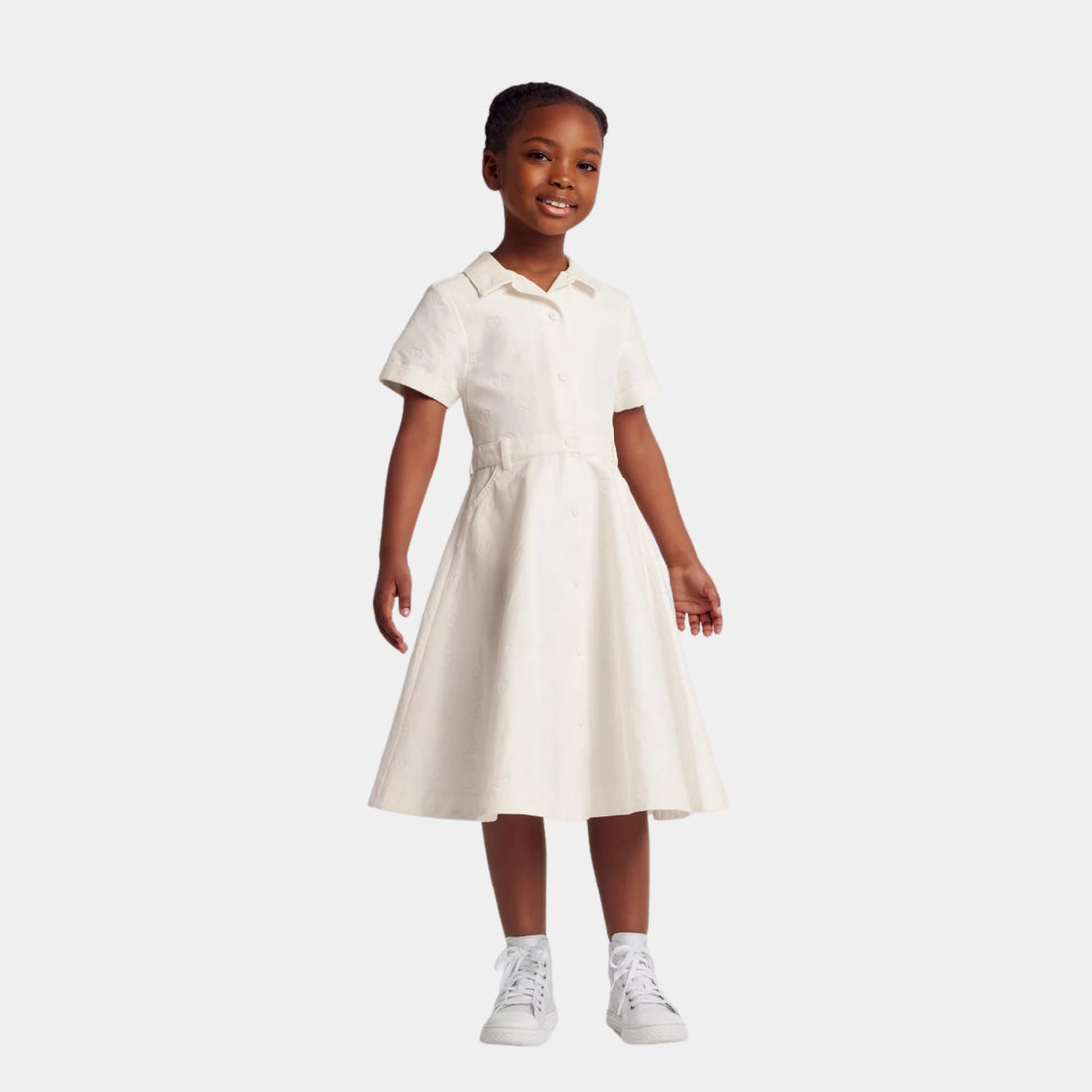 Dior Kids Flared Dress Ivory Cotton Gabardine Shiny CD Heart Jacquard, Model