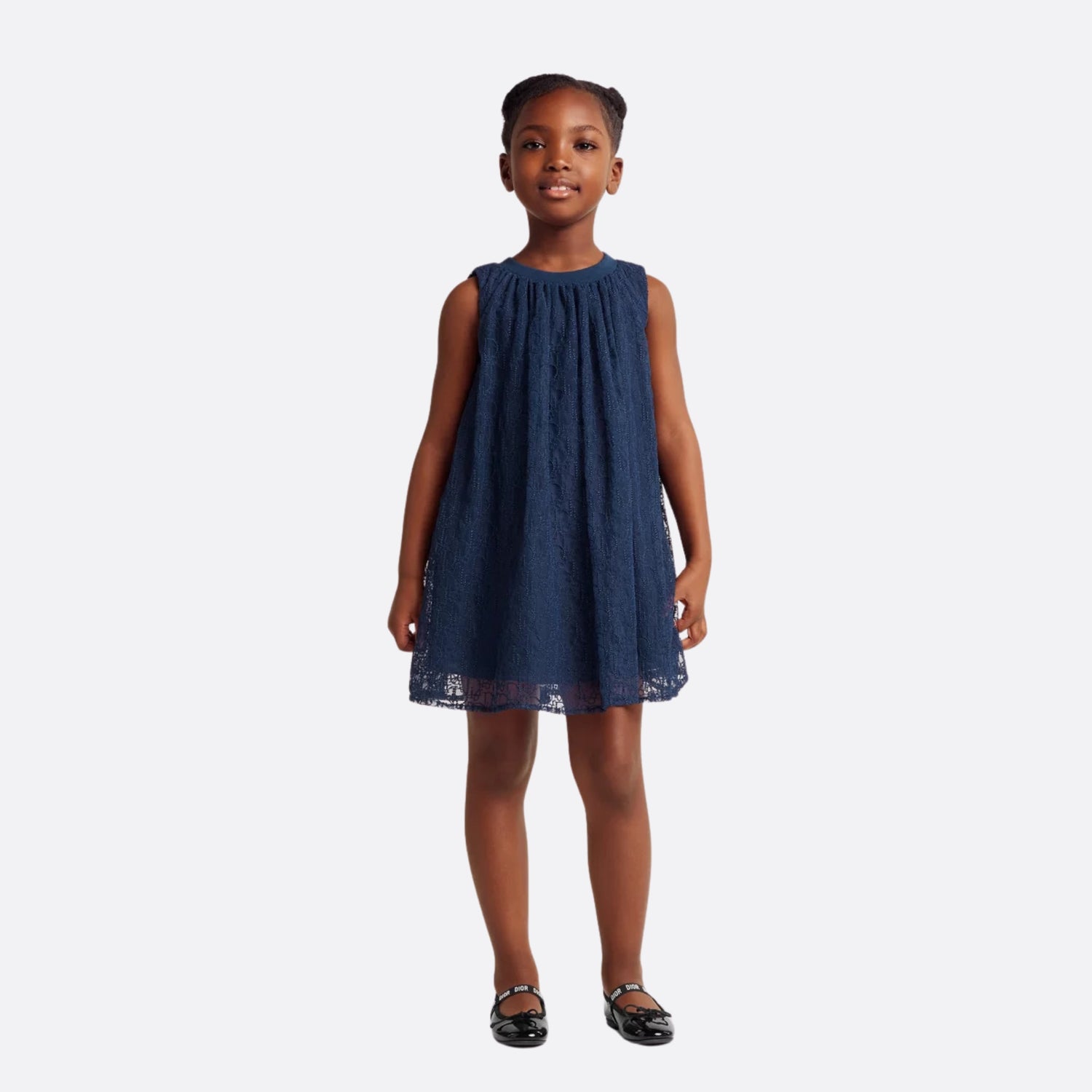 Dior Kids Flared Dress Navy Blue Embroidered Tulle with Dior Oblique Pearls Motif, Model, Front