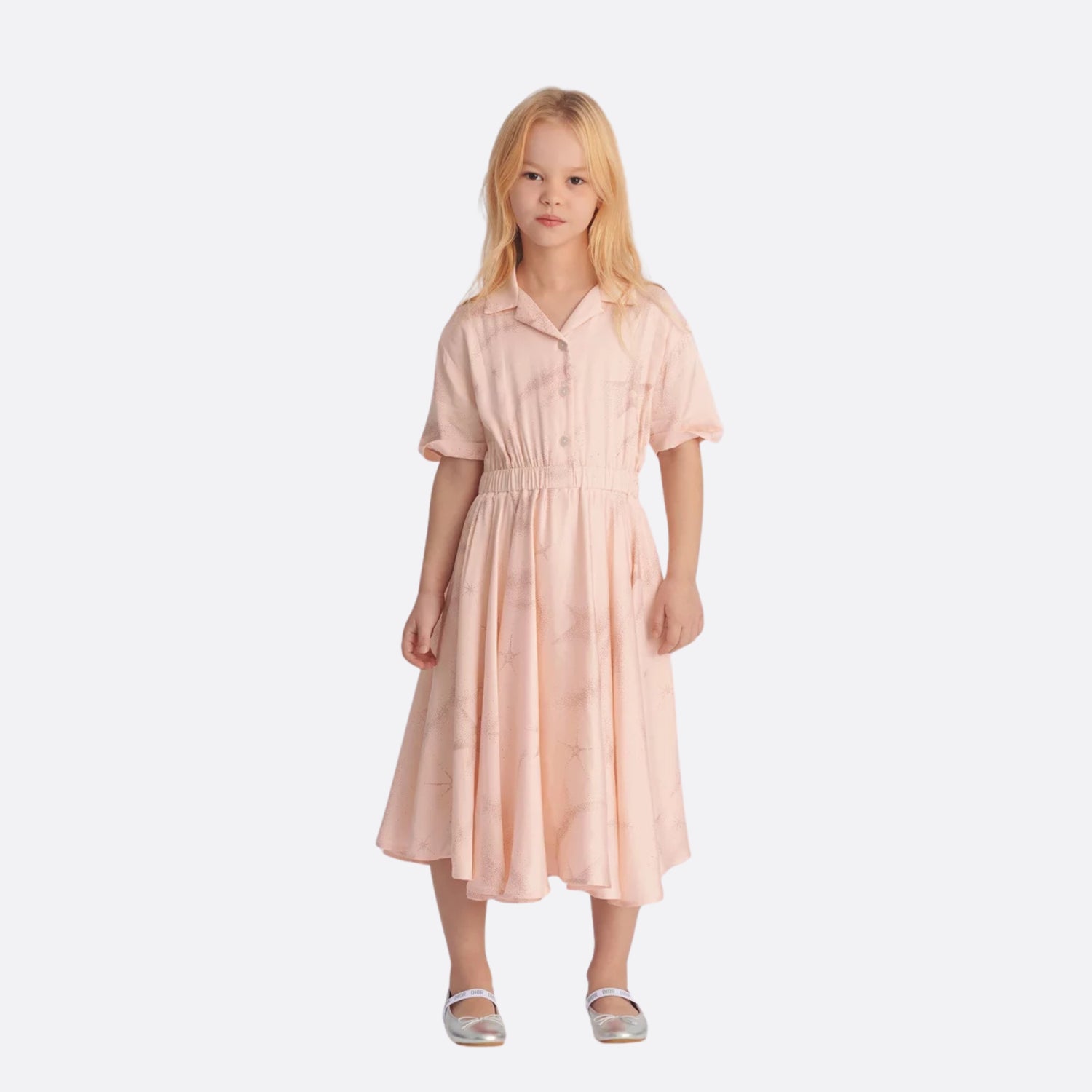 Dior Kids Flared Dress Pale Pink Satin-Finish Voile Constellation, Model, Front View