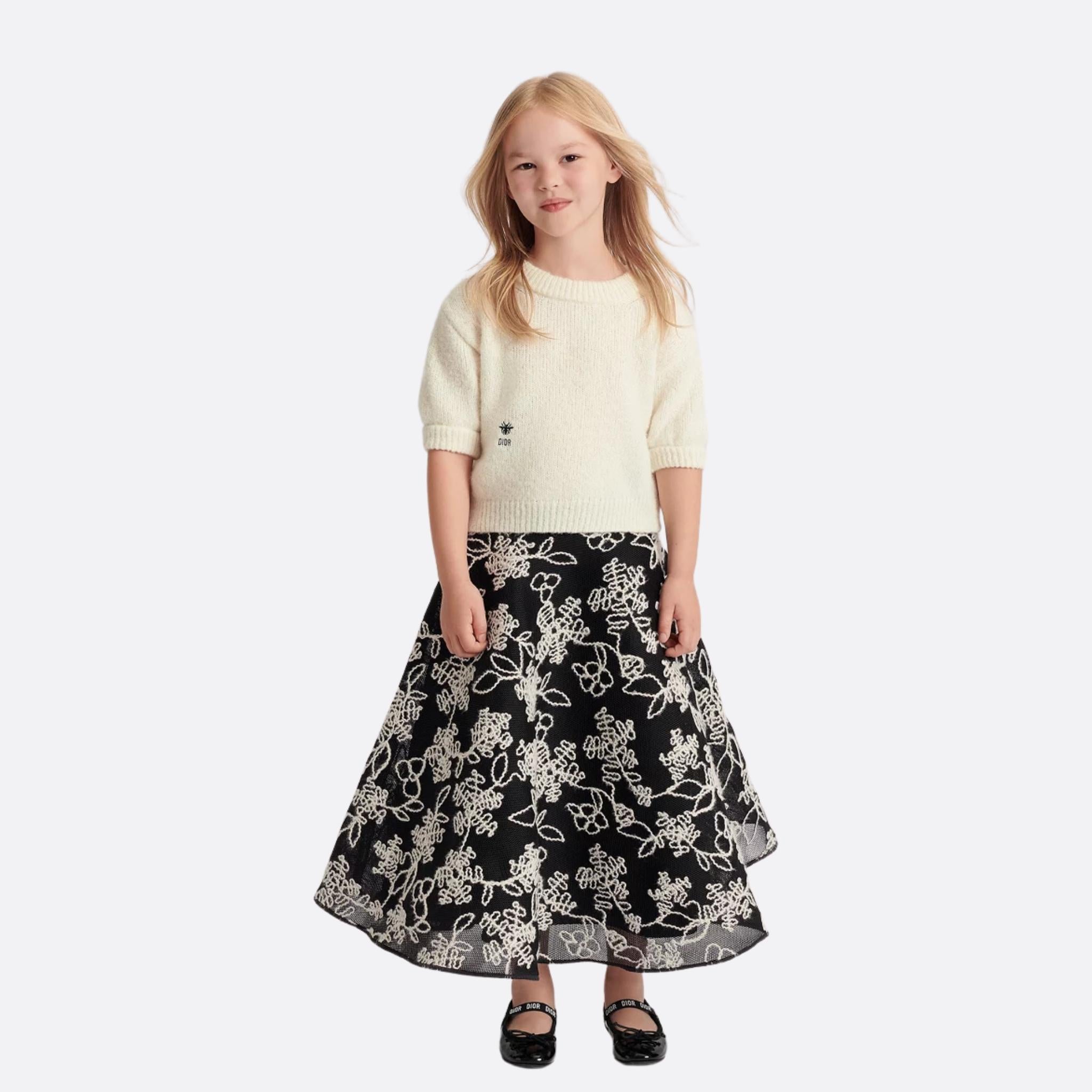 Kids Flared Skirt Black Mesh With Ivory Floral Motif