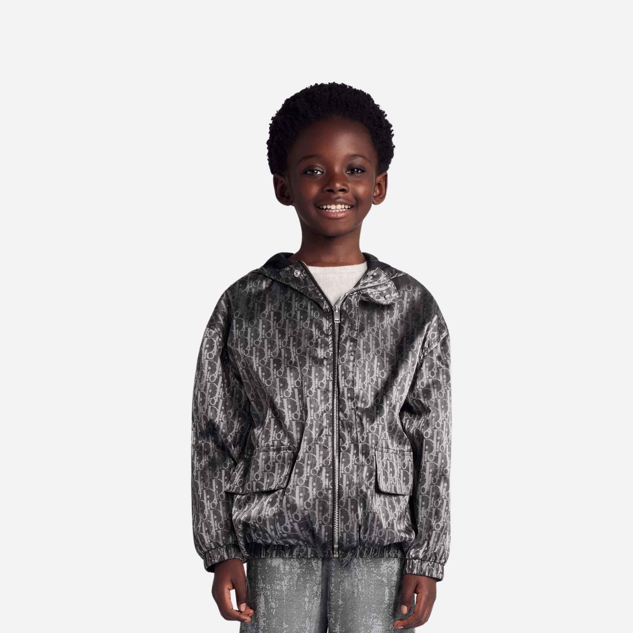 Dior Kids Hooded Windbreaker Metallic Gray Dior Oblique Water-Repellent Jacquard, Model