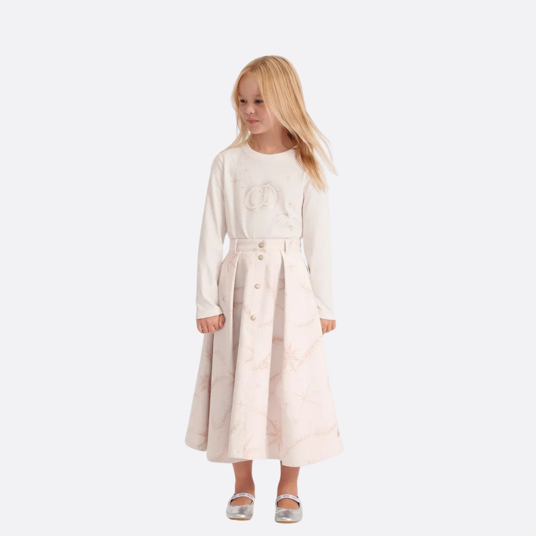 Dior Kids Long Skirt Pale Pink Cotton Copper Jacquard Motif, Model, Front View