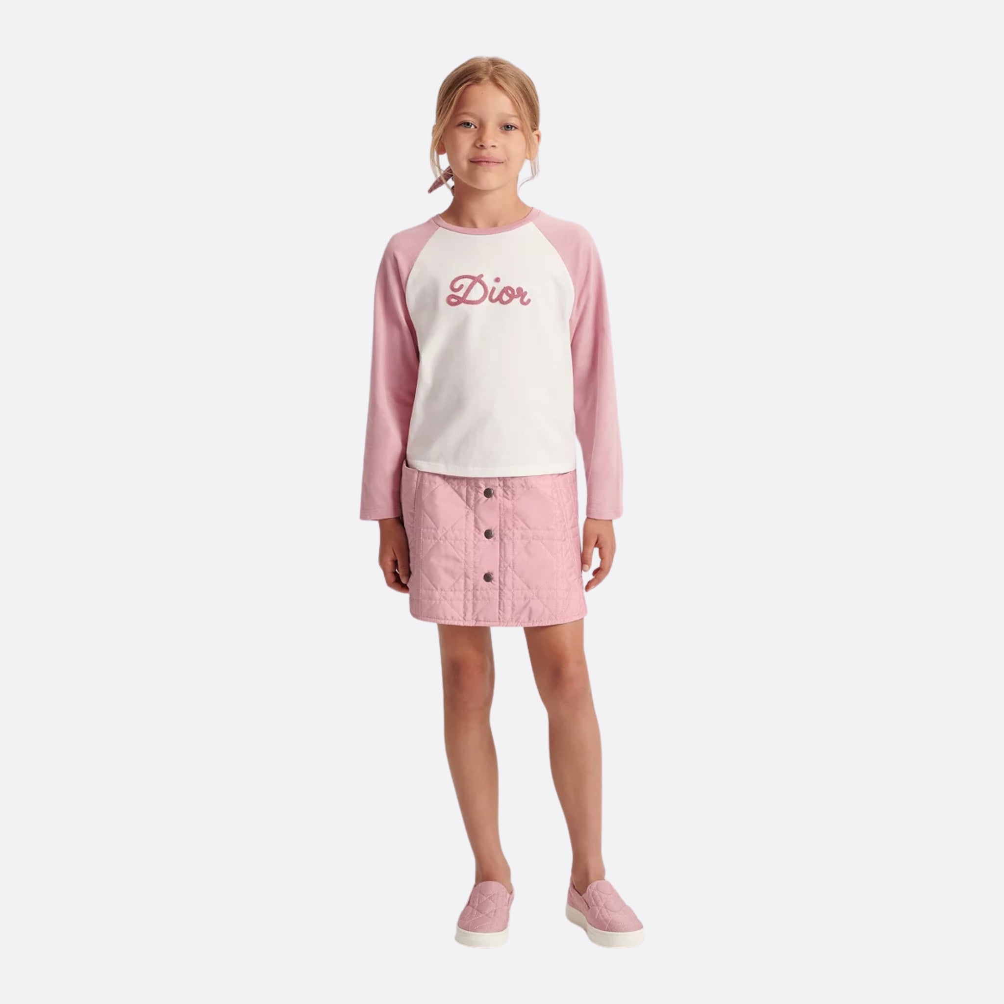 Dior Kids Long-Sleeved T-Shirt Ivory Cotton Jersey, Antique Pink, Model, Front