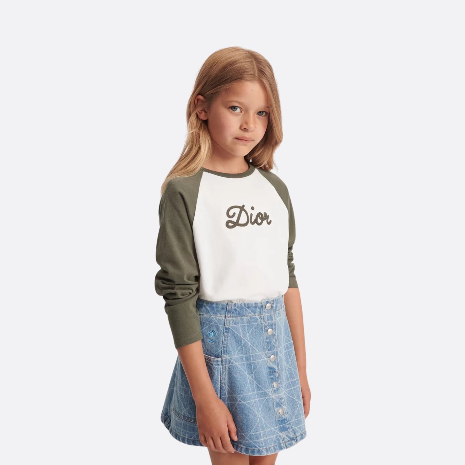 Dior Kids Long-Sleeved T-Shirt Ivory Cotton Jersey, Khaki, Model, Front