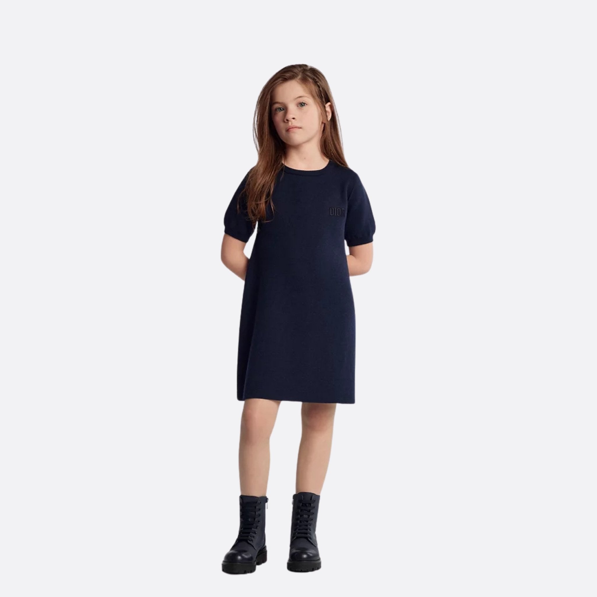 Dior Kids Reversible A-Line Dress Navy Wool and Ivory Blue Dior Jacquard, Model