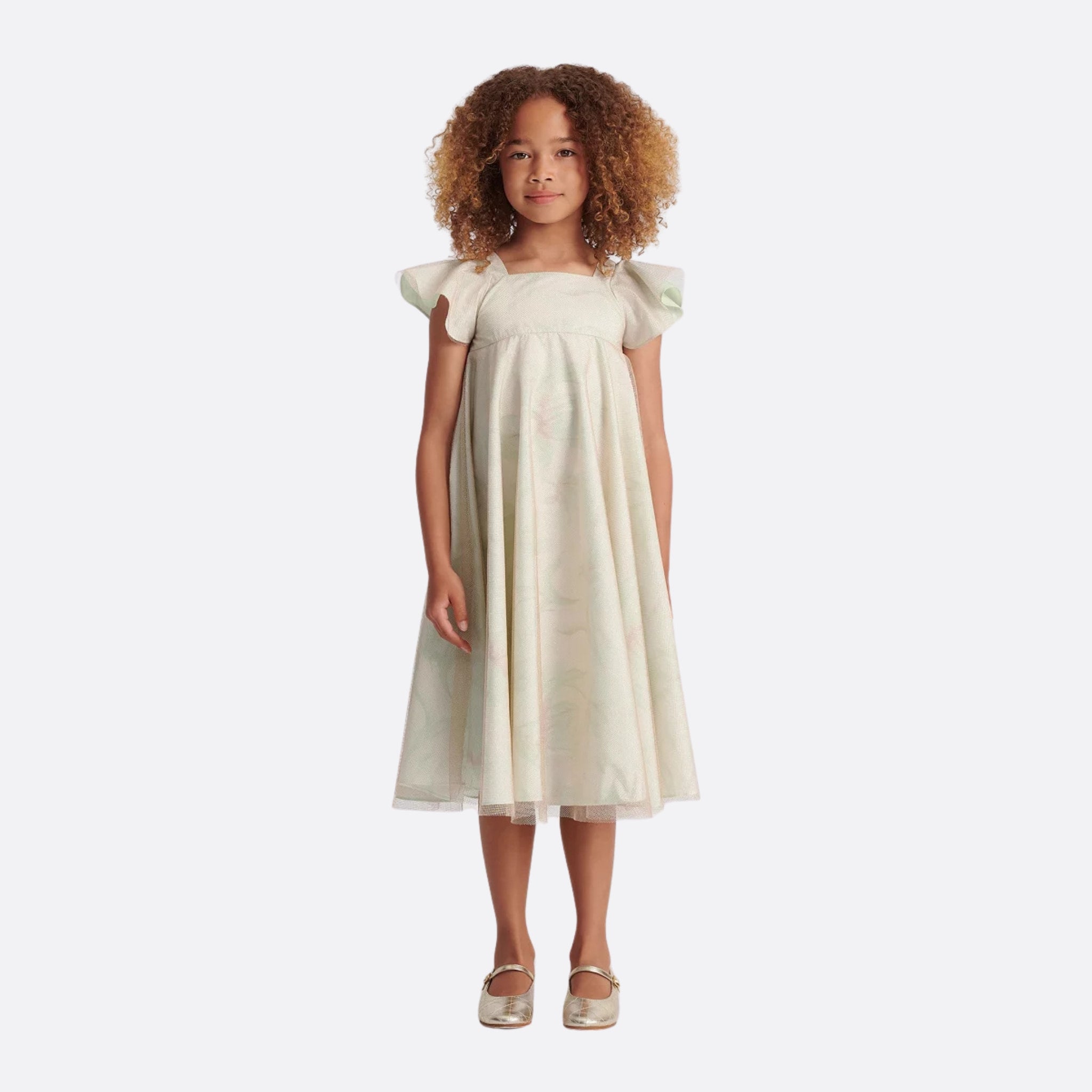 Dior Kids Sea Green Flared Dress with Tulip Motif &amp; Gold-Tone Tulle, Model, Front