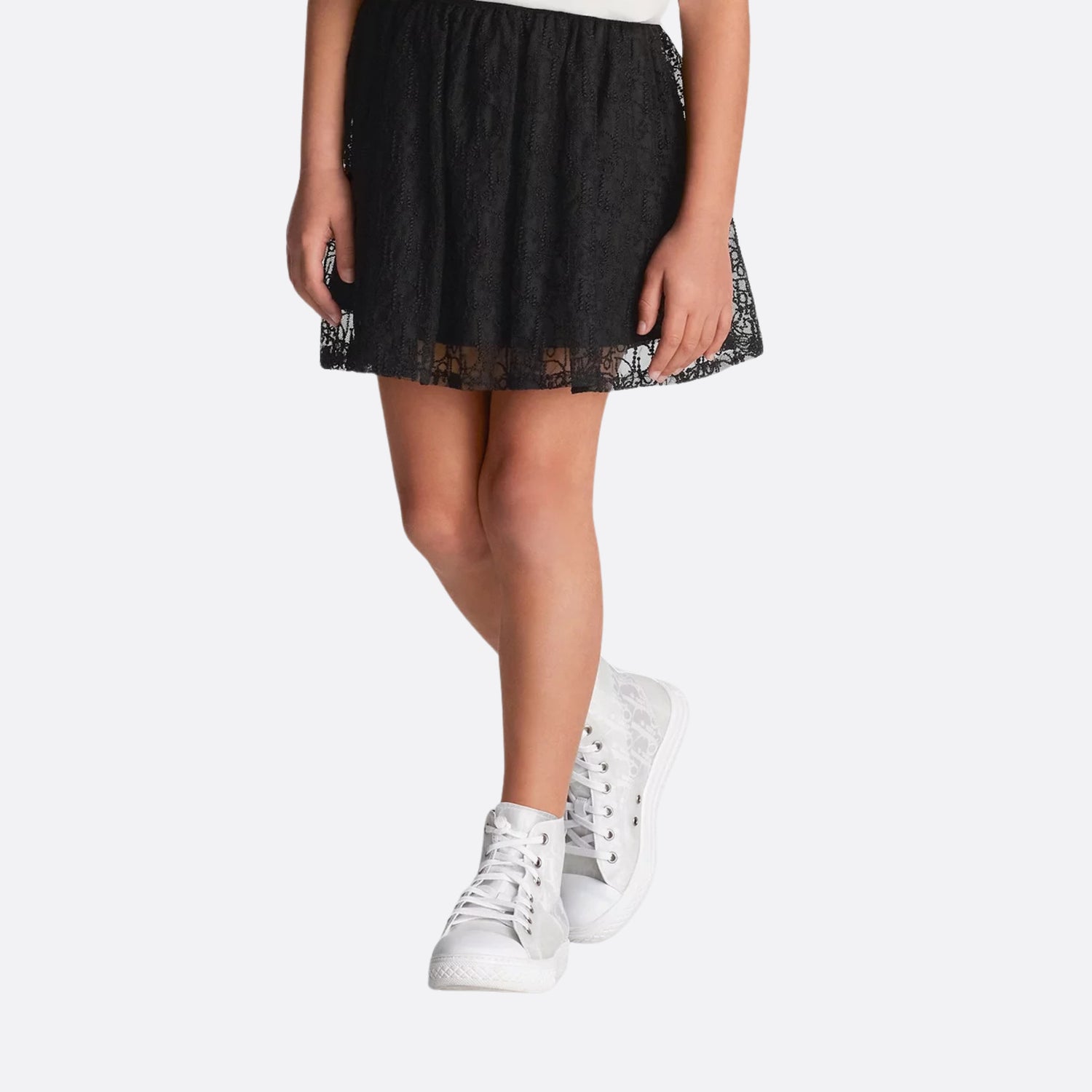 Dior Kids Skirt Embroidered Tulle with Dior Oblique Pearls Motif, Flared, Black, Model, Front