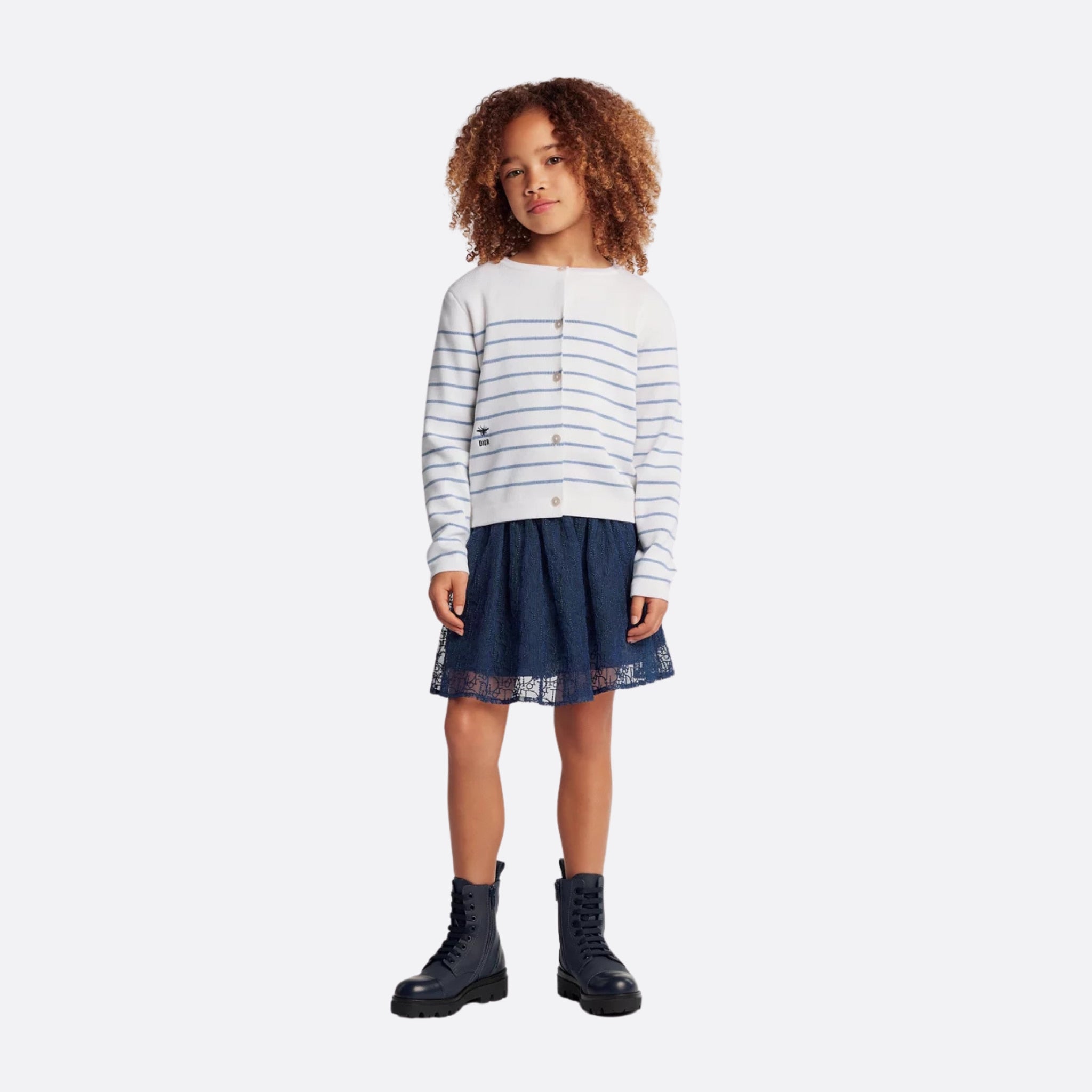 Dior Kids Skirt Embroidered Tulle with Dior Oblique Pearls Motif, Shoert, Navy Blue, Model, Front