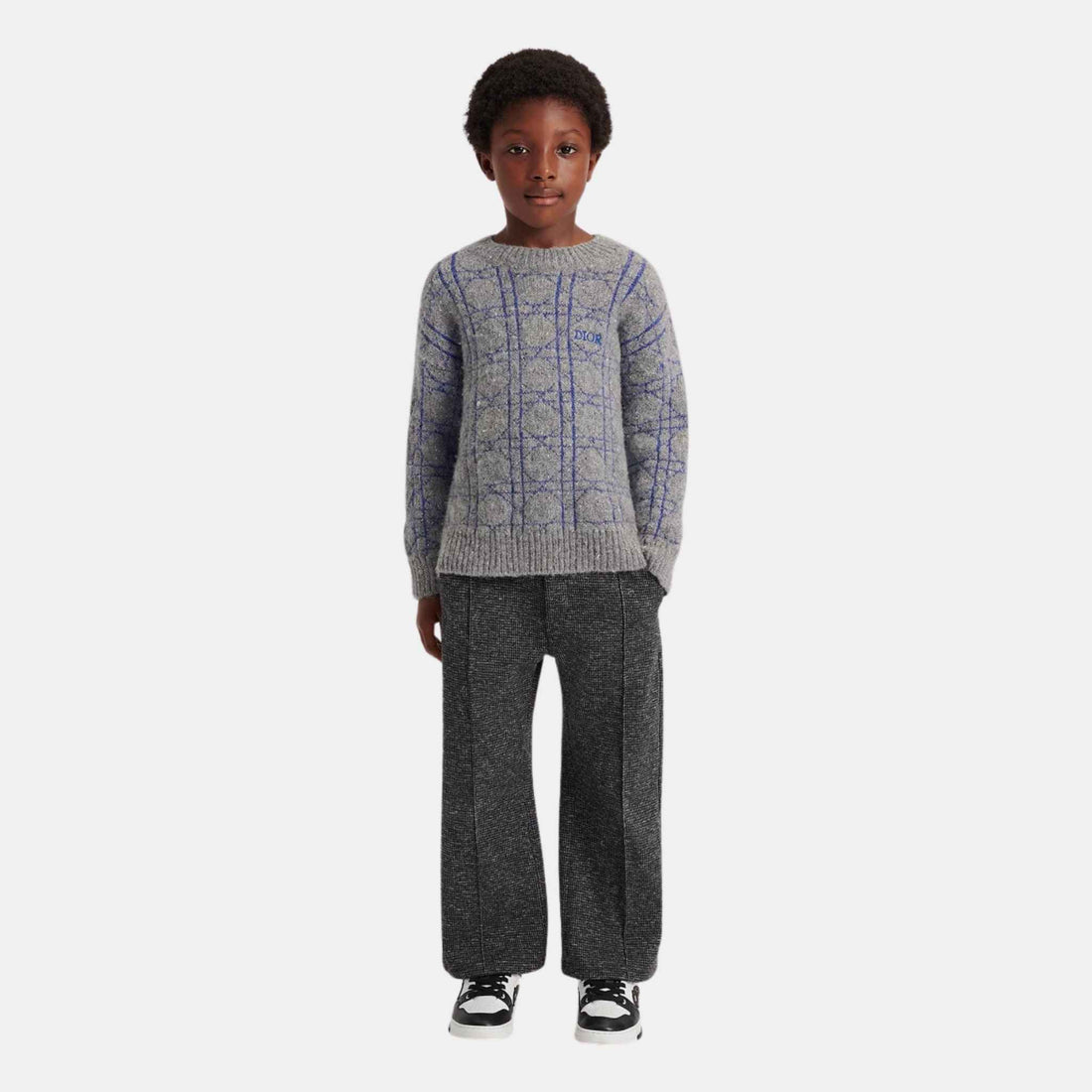 Dior Kids Sweater Mottled Gray Cotton-Wool-Alpaca with Blue Cannage, Model