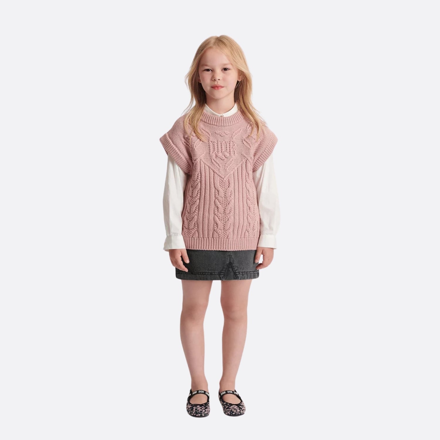 Dior Kids Sweater Vest Antique Pink Wool Cable Knit, Model, Front View